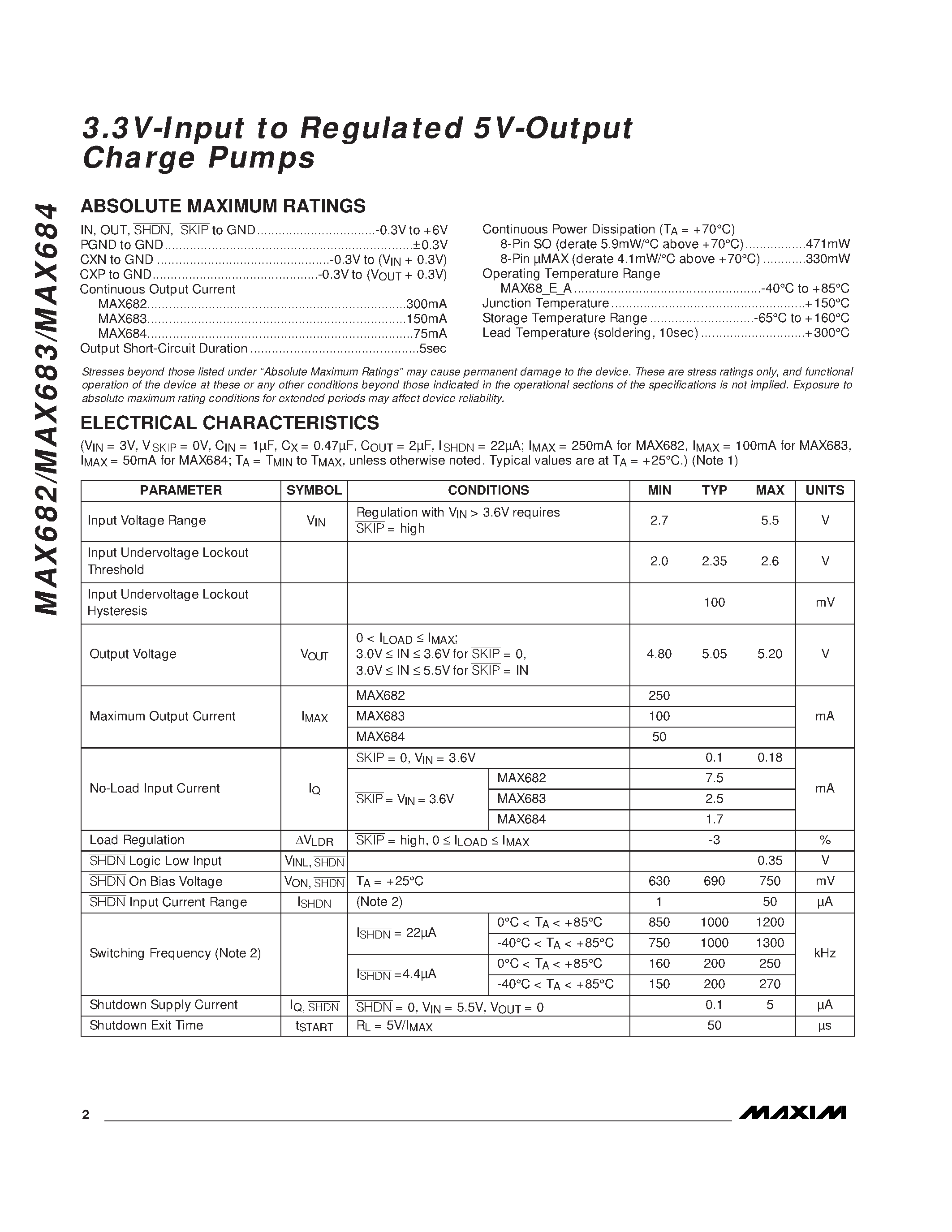 Datasheet MAX683EUA - 3.3V-Input to Regulated 5V-Output Charge Pumps page 2