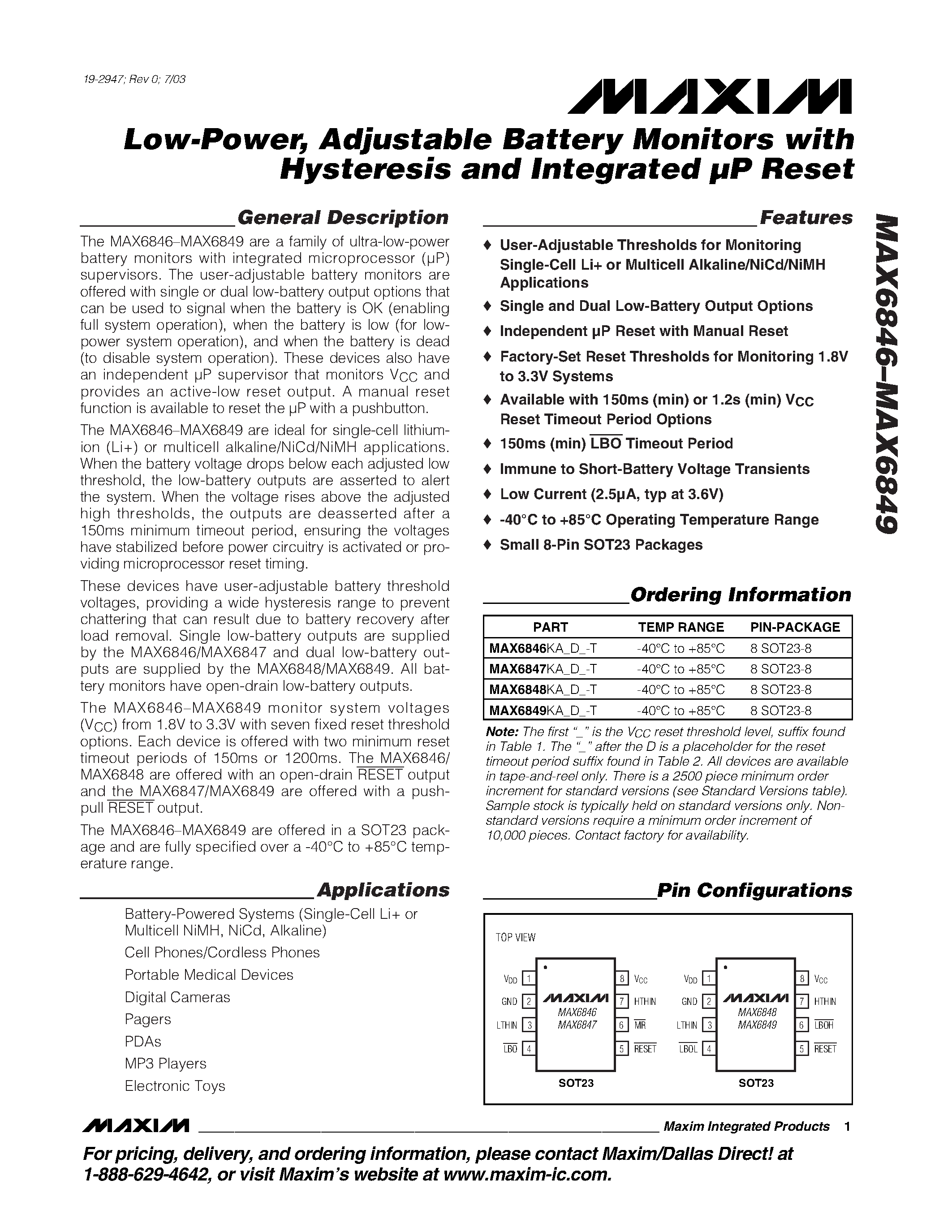 Datasheet MAX6847 - Low-Power / Adjustable Battery Monitors with Hysteresis and Integrated UP Reset page 1