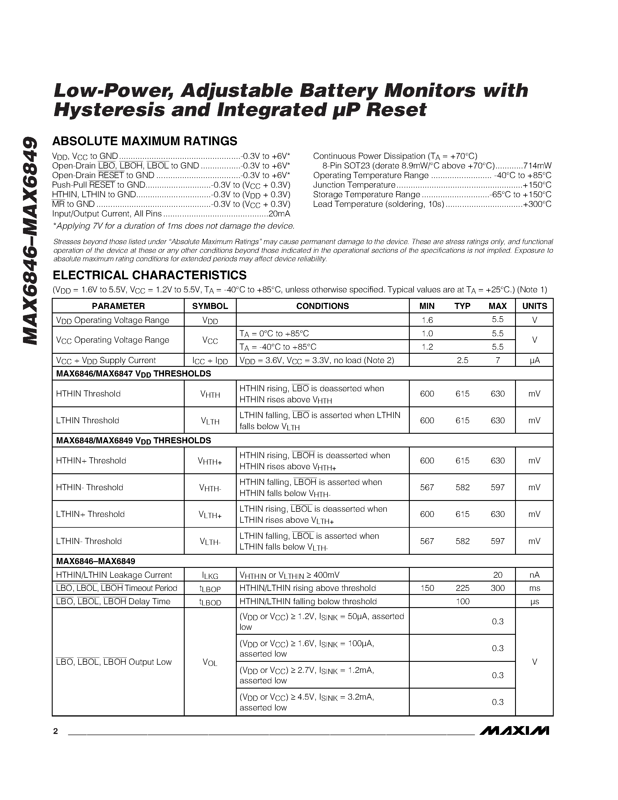 Datasheet MAX6848 - Low-Power / Adjustable Battery Monitors with Hysteresis and Integrated UP Reset page 2