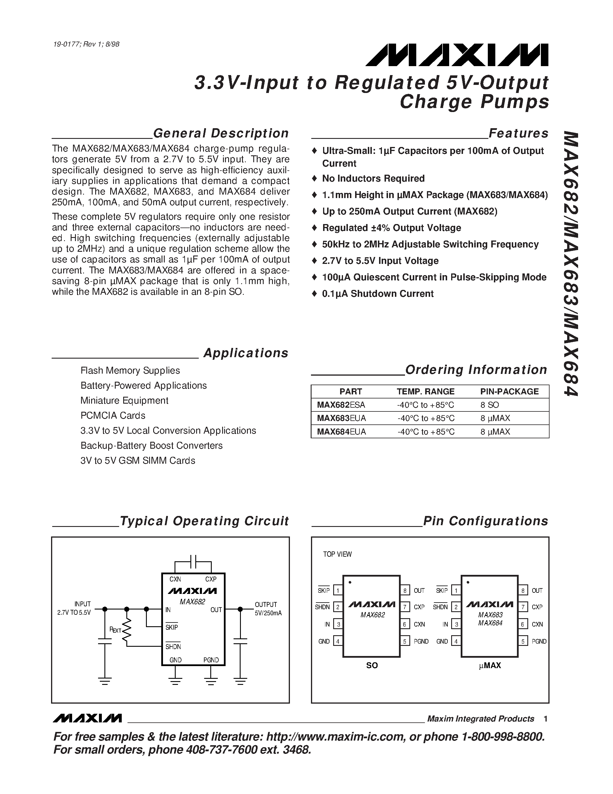 Datasheet MAX684EUA - 3.3V-Input to Regulated 5V-Output Charge Pumps page 1