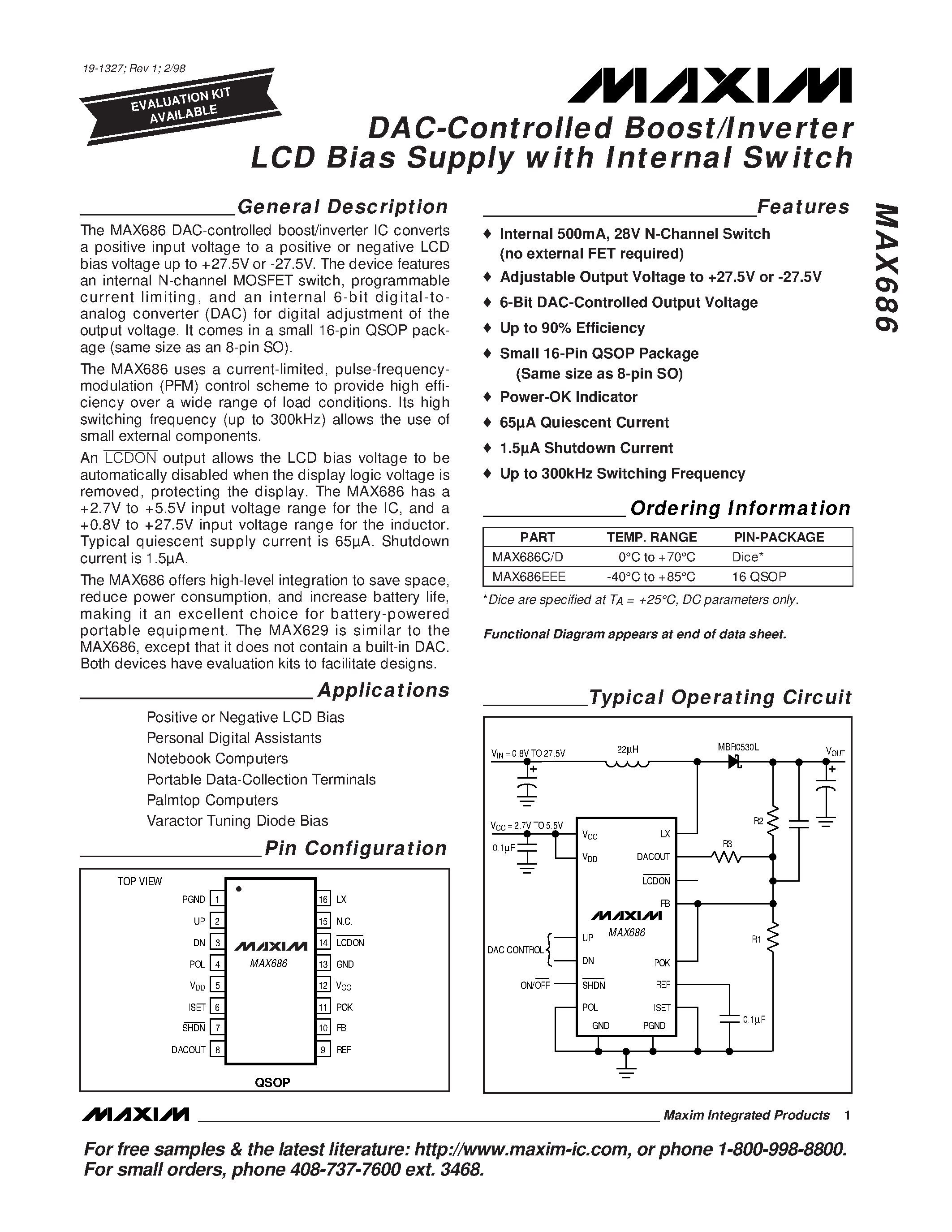 Datasheet MAX686 - DAC-Controlled Boost/Inverter LCD Bias Supply with Internal Switch page 1