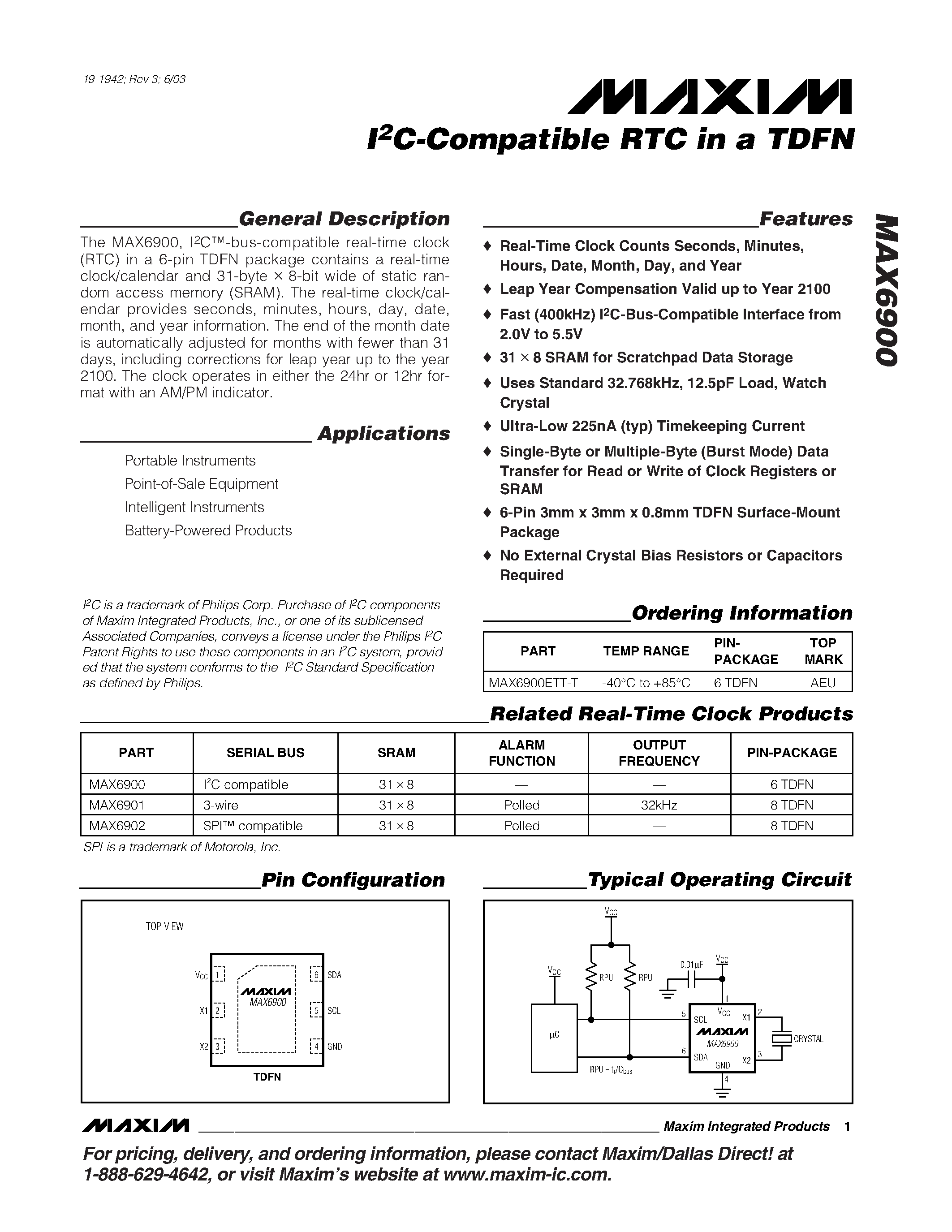 Datasheet MAX6900ETT-T - I2C-Compatible RTC in a TDFN page 1