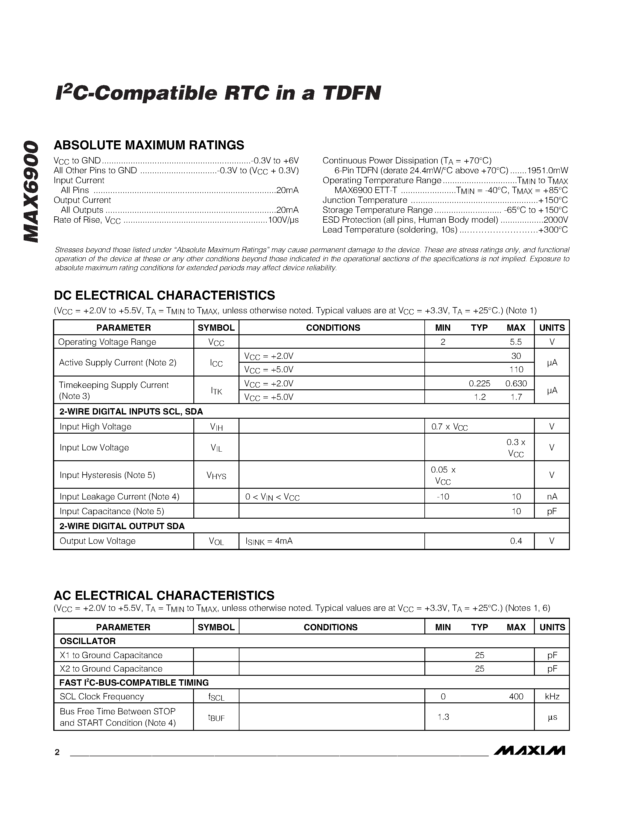Datasheet MAX6900ETT-T - I2C-Compatible RTC in a TDFN page 2