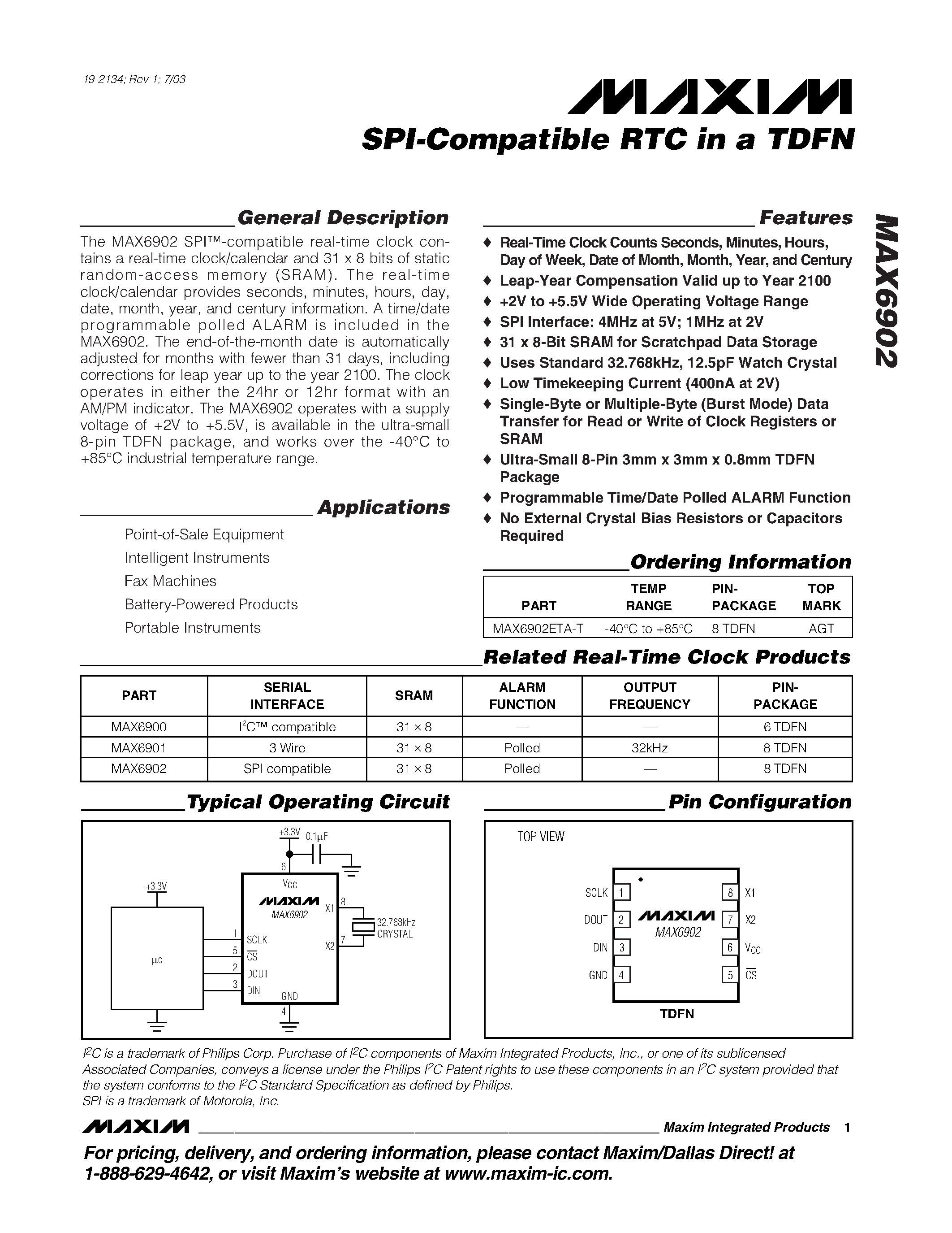 Datasheet MAX6902 - I2C-Compatible RTC in a TDFN page 1