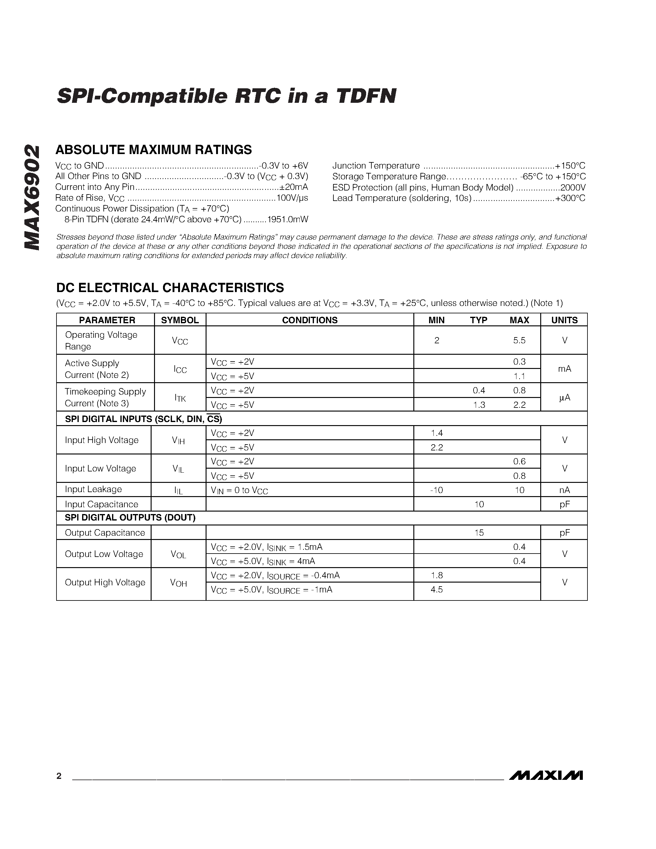 Datasheet MAX6902ETA-T - SPI-Compatible RTC in a TDFN page 2