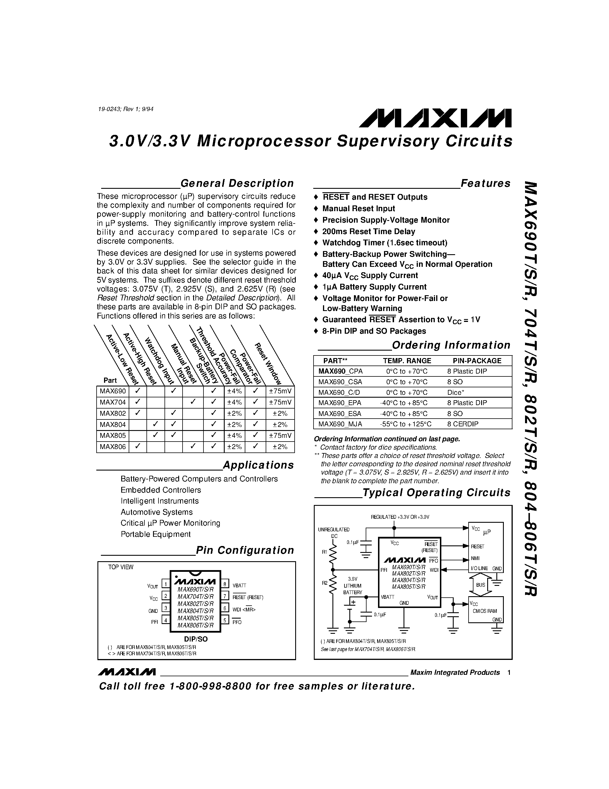 Datasheet MAX690_CPA - 3.0V/3.3V Microprocessor Supervisory Circuits page 1
