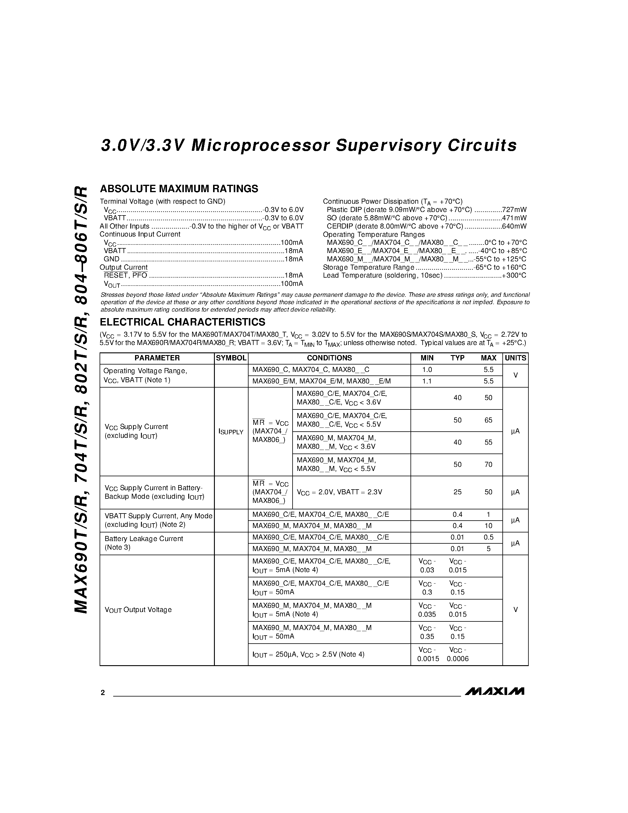 Datasheet MAX690_MJA - 3.0V/3.3V Microprocessor Supervisory Circuits page 2