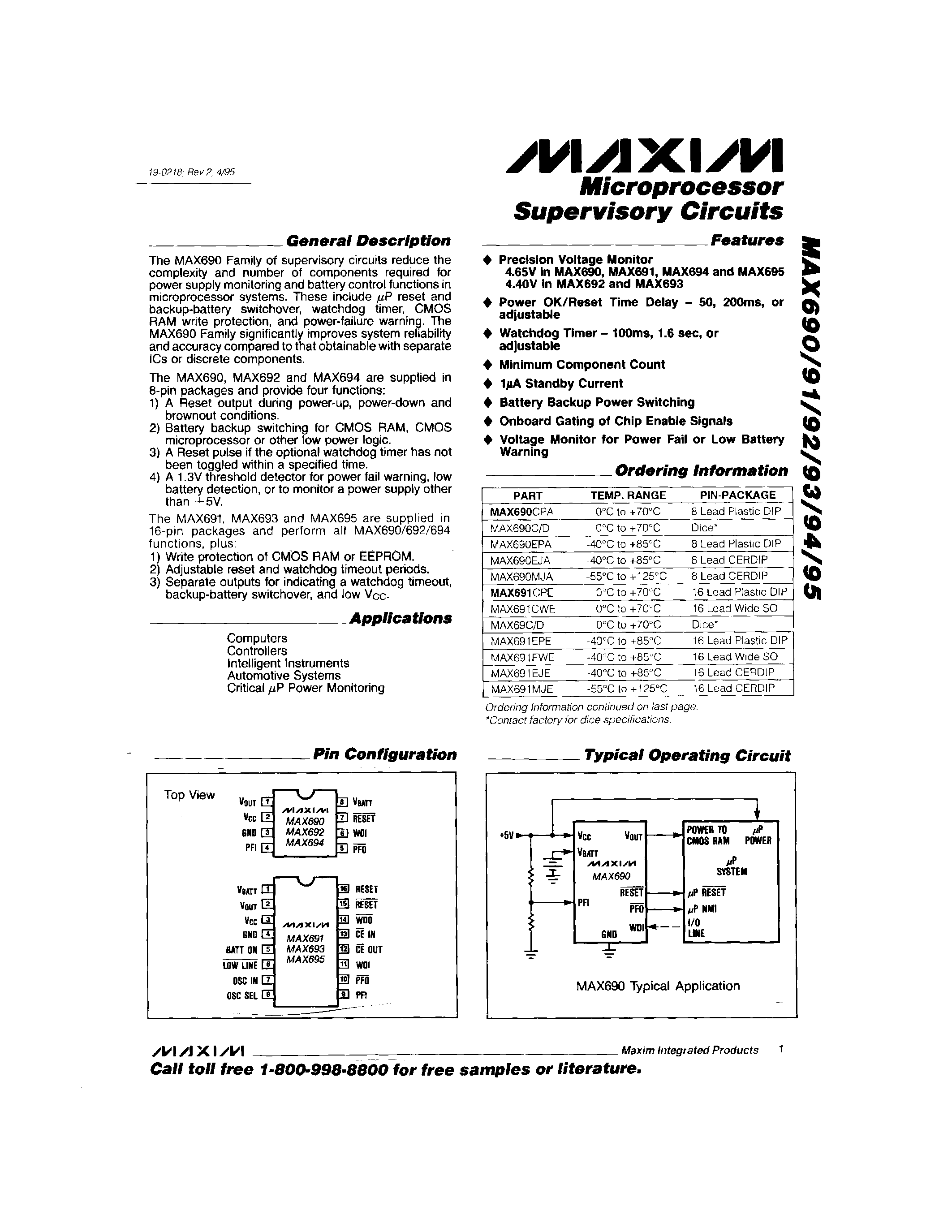 Datasheet MAX695 - 3.0V/3.3V Microprocessor Supervisory Circuits page 1