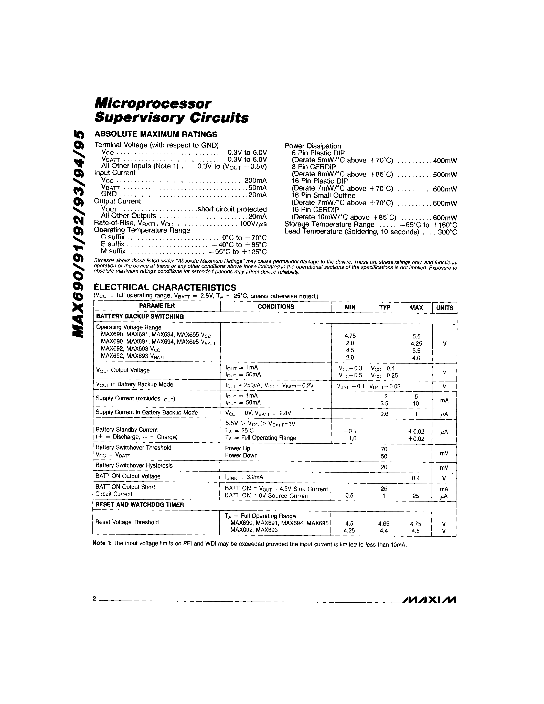 Datasheet MAX695 - 3.0V/3.3V Microprocessor Supervisory Circuits page 2