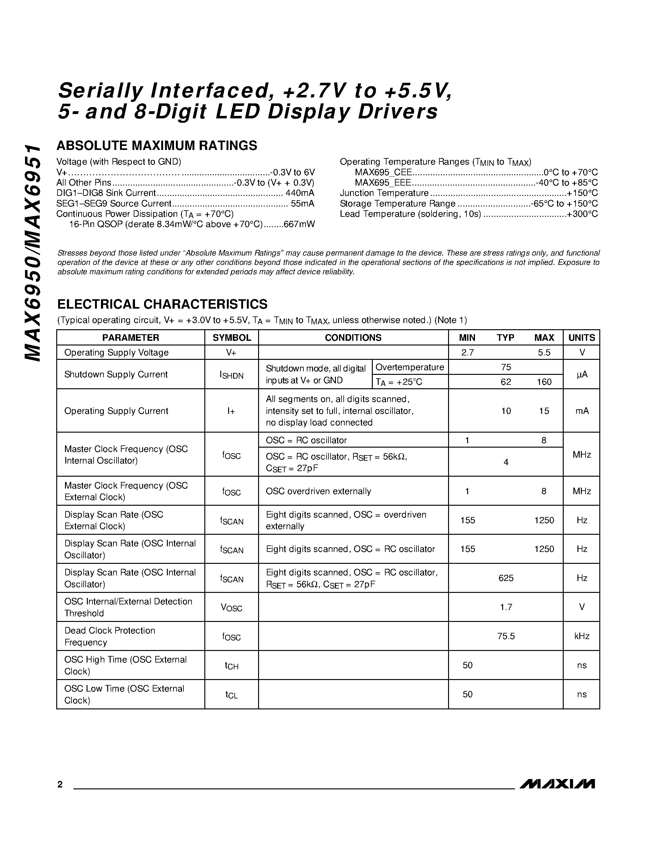 Даташит на микросхему MAX6951 страница 2 Даташит MAX6951 - Serially Interfaced / +2.7V to +5.5V / 5- and 8-Digit LED Display Drivers страница 2