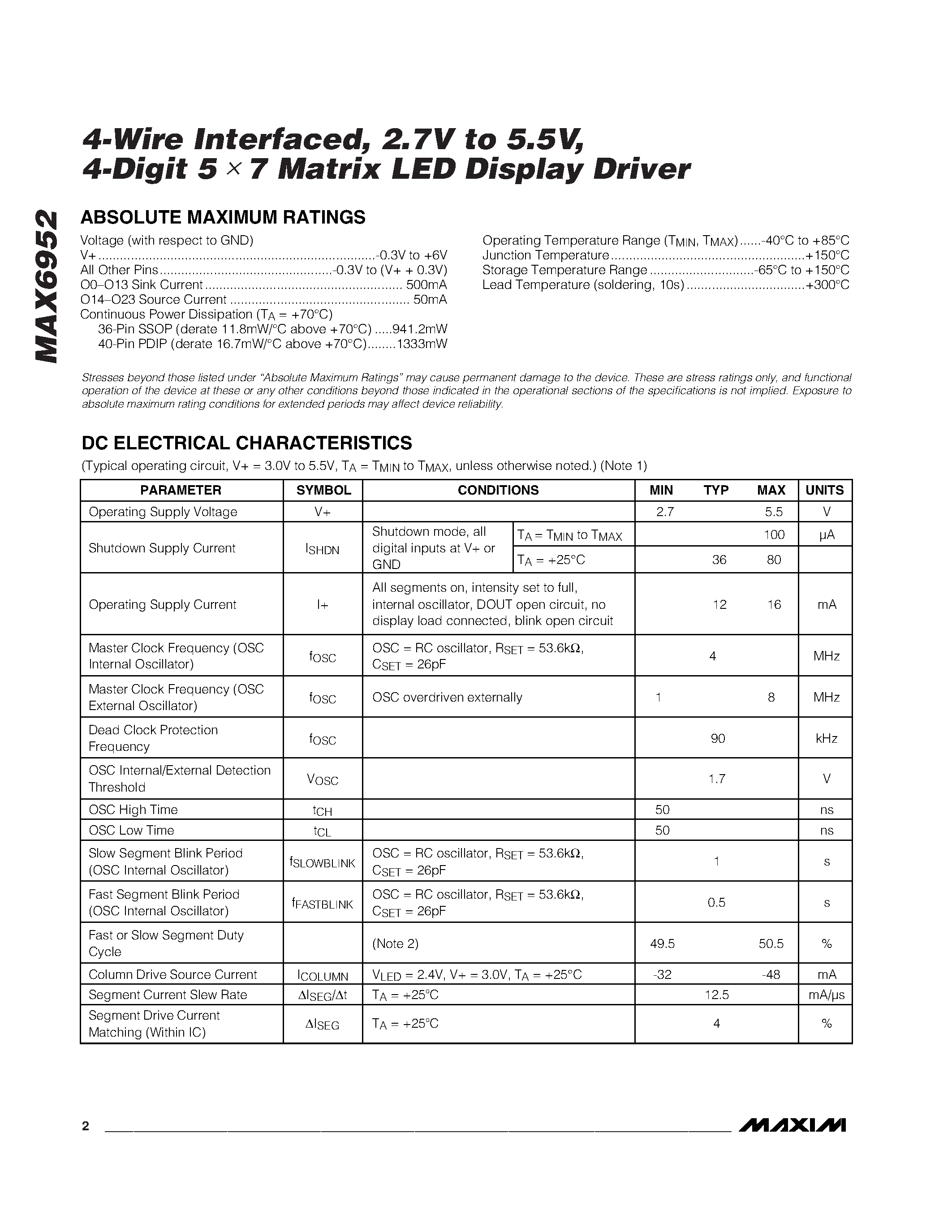 Даташит MAX6952 - 4-Wire Interfaced / 2.7V to 5.5V / 4-Digit 5 .7 Matrix LED Display Driver страница 2