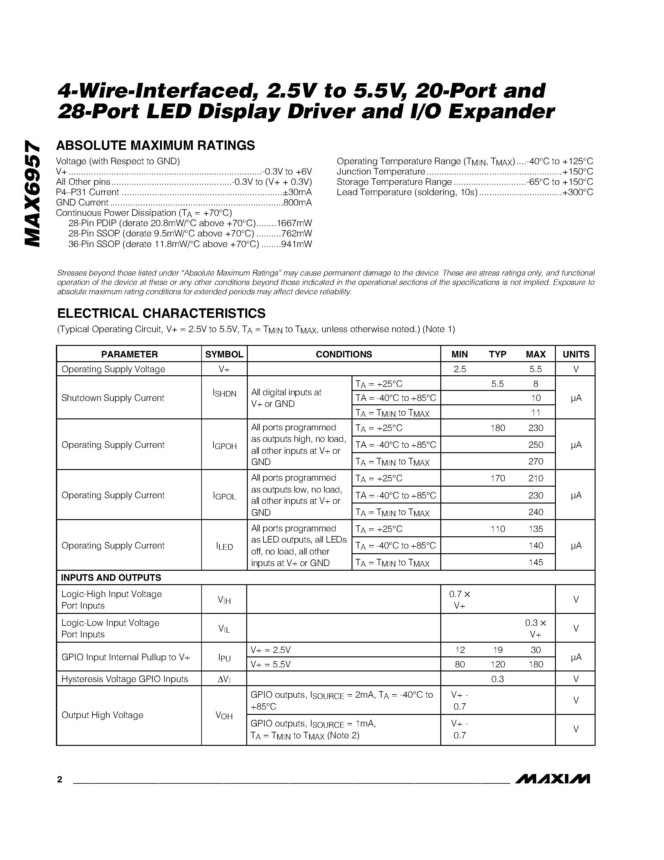 Datasheet MAX6957 - 4-Wire-Interfaced / 2.5V to 5.5V / 20-Port and 28-Port LED Display Driver and I/O Expander page 2