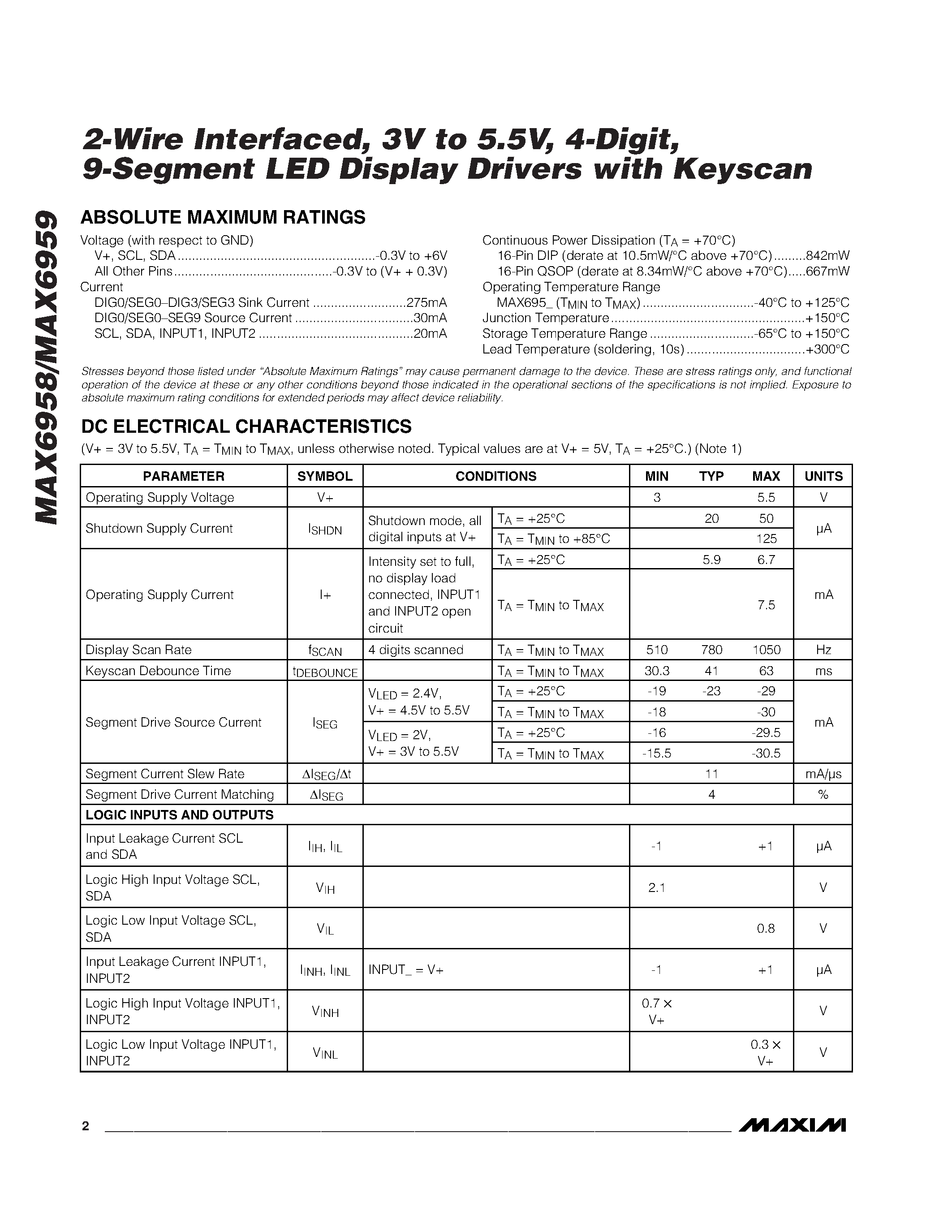 Datasheet MAX6959 - 2-Wire Interfaced / 3V to 5.5V / 4-Digit / 9-Segment LED Display Drivers with Keyscan page 2
