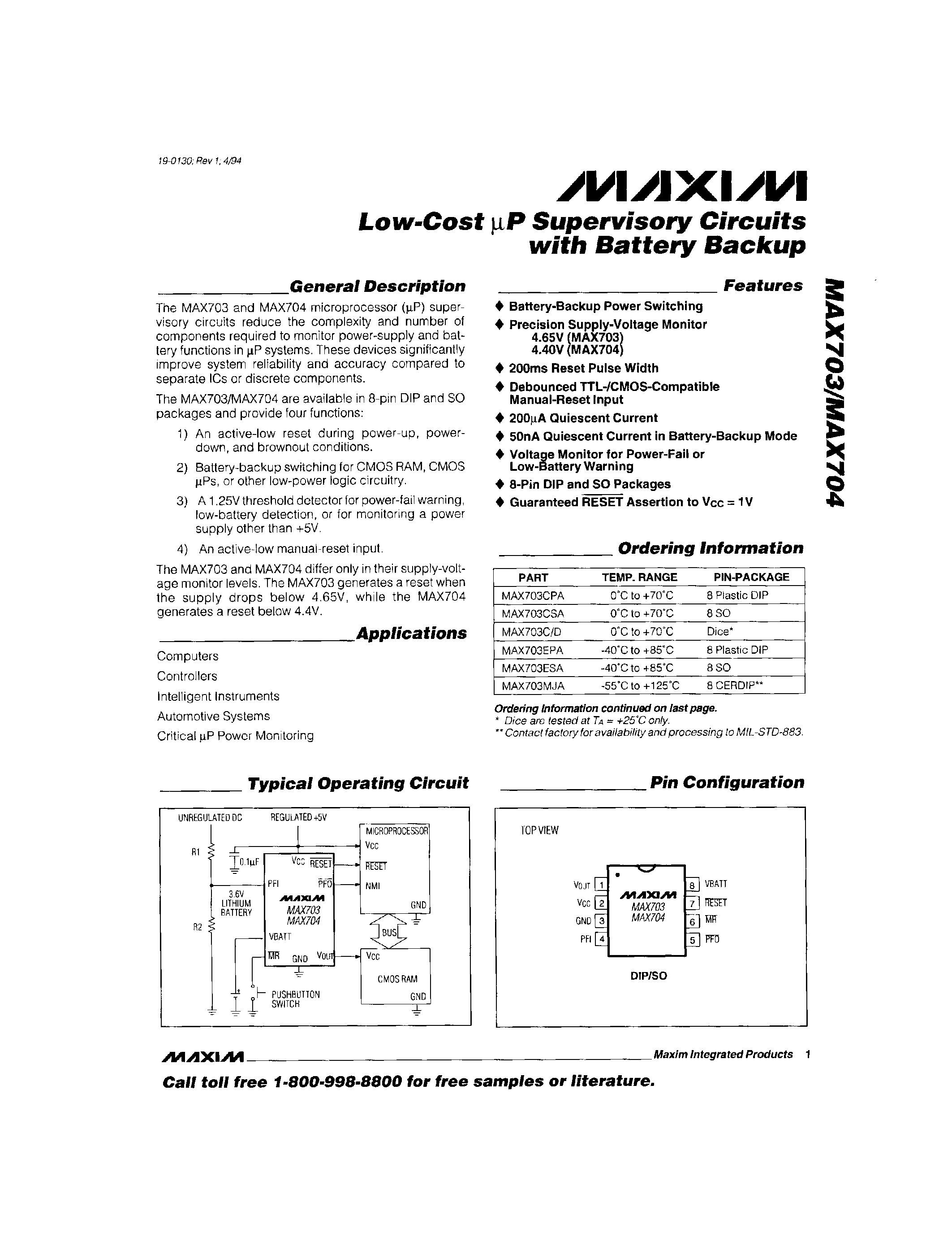Даташит MAX703 - Low-Cost P Supervisory Circuits with Battery Backup страница 1