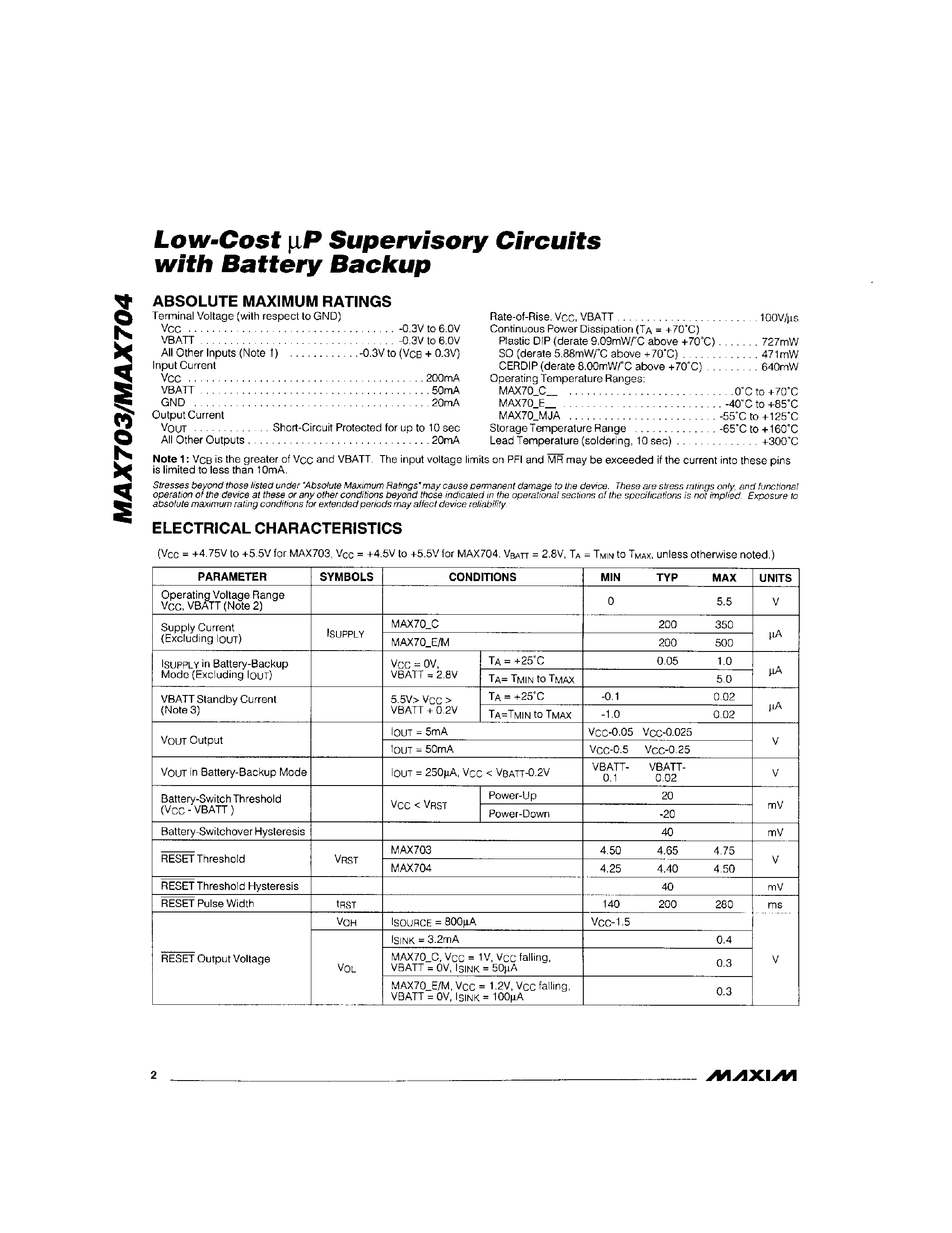 Даташит MAX703 - Low-Cost P Supervisory Circuits with Battery Backup страница 2