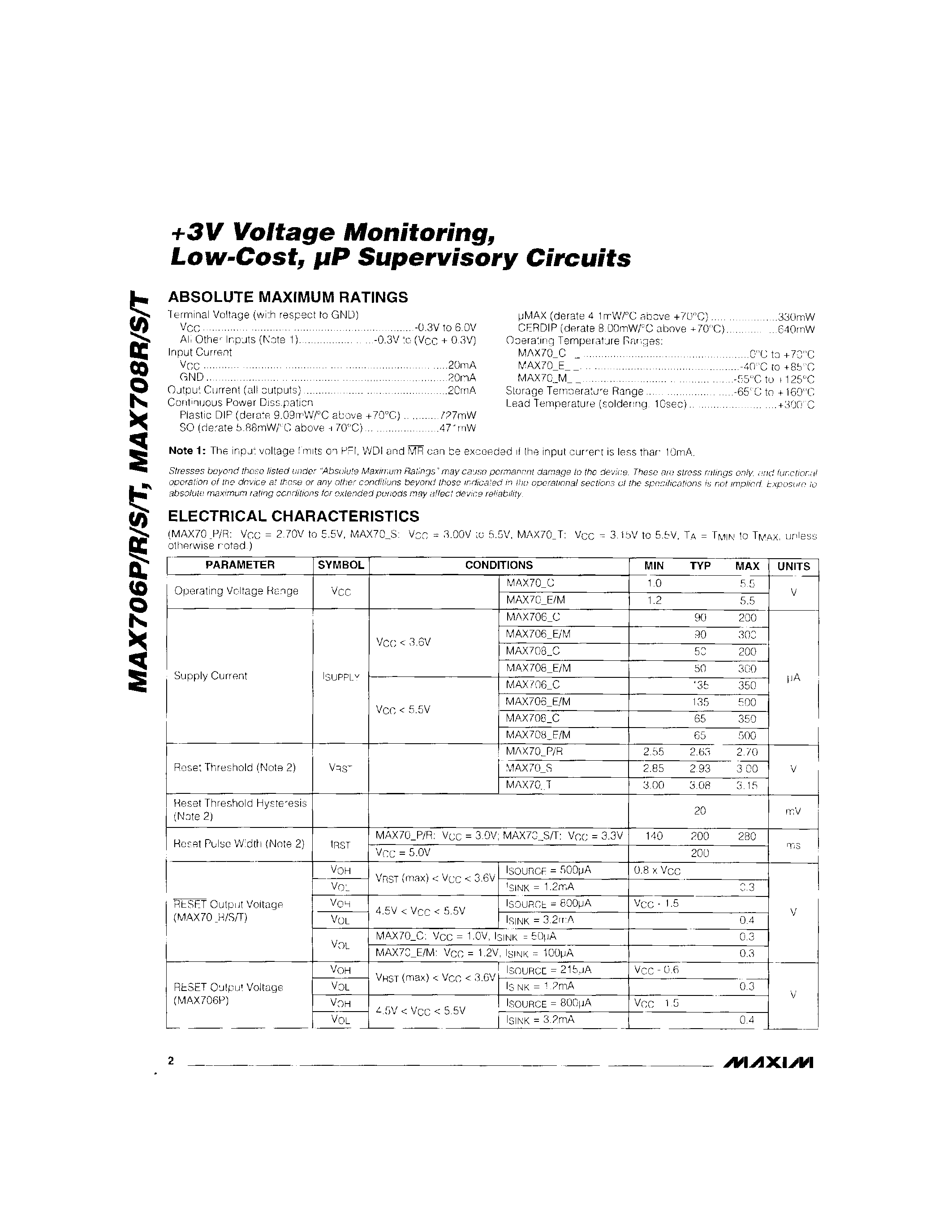 Даташит на микросхему MAX706 страница 2 Даташит MAX706 - +3V Voltage Monitoring / Low-Cost / P Supervisory Circuits страница 2