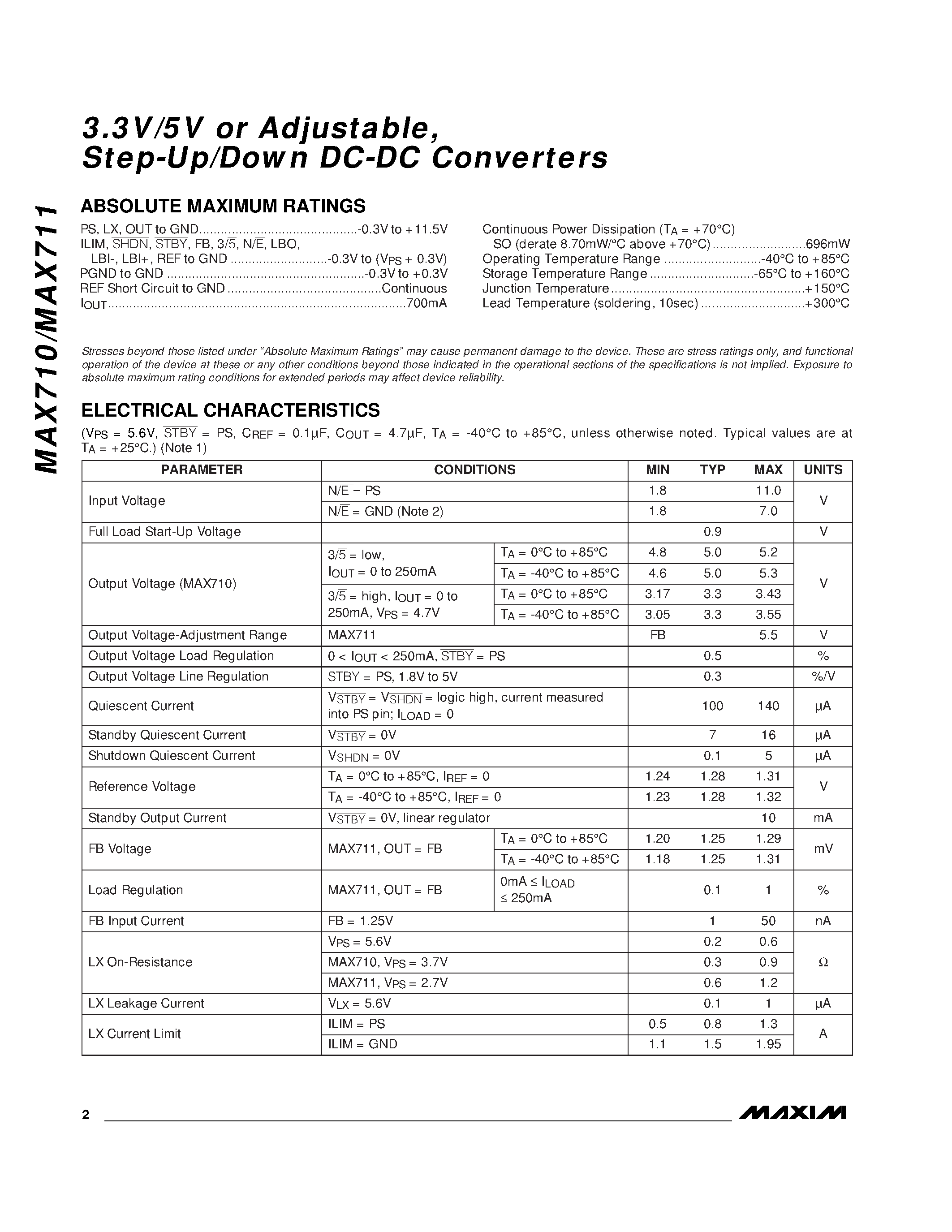 Datasheet MAX710 - 3.3V/5V or Adjustable / Step-Up/Down DC-DC Converters page 2