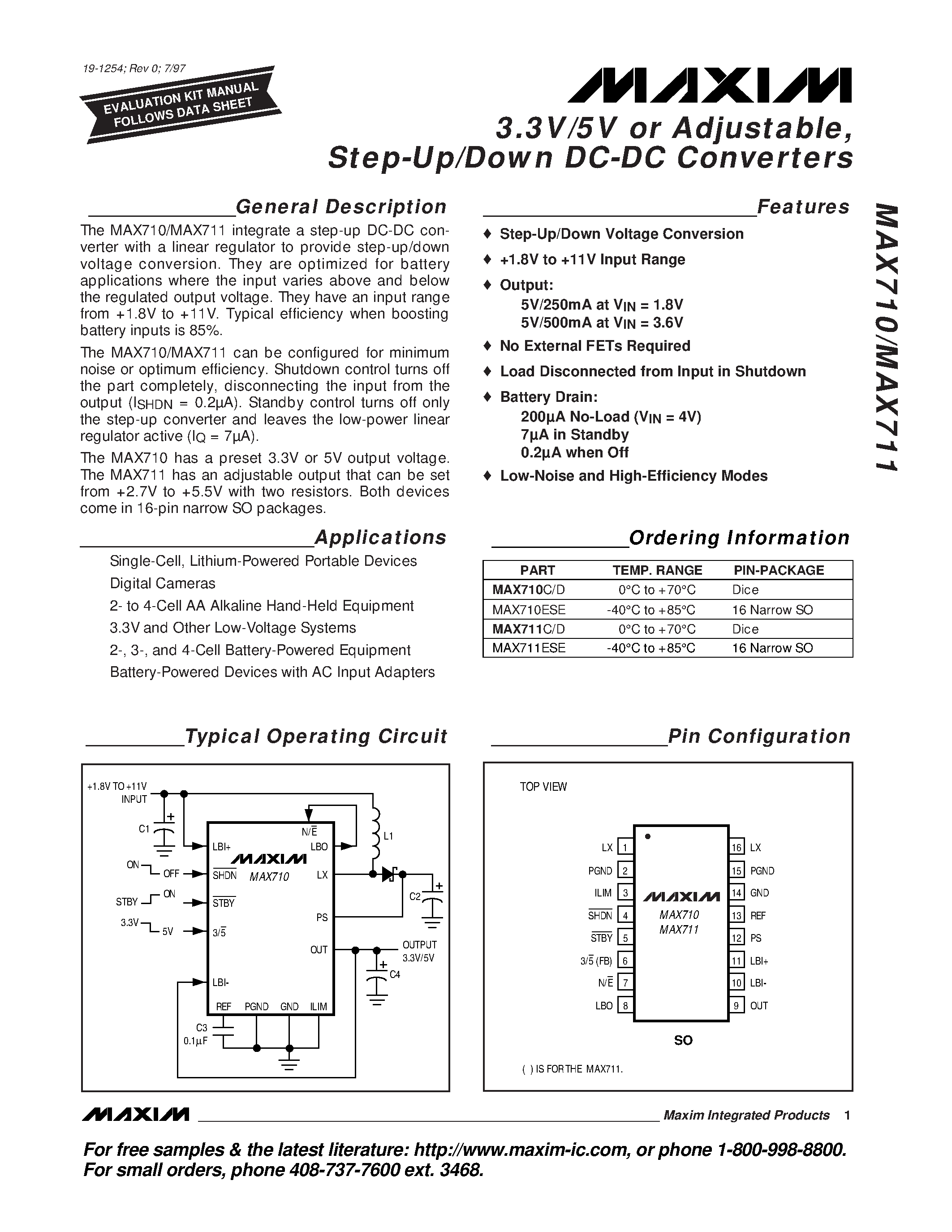 Datasheet MAX711 - 3.3V/5V or Adjustable / Step-Up/Down DC-DC Converters page 1