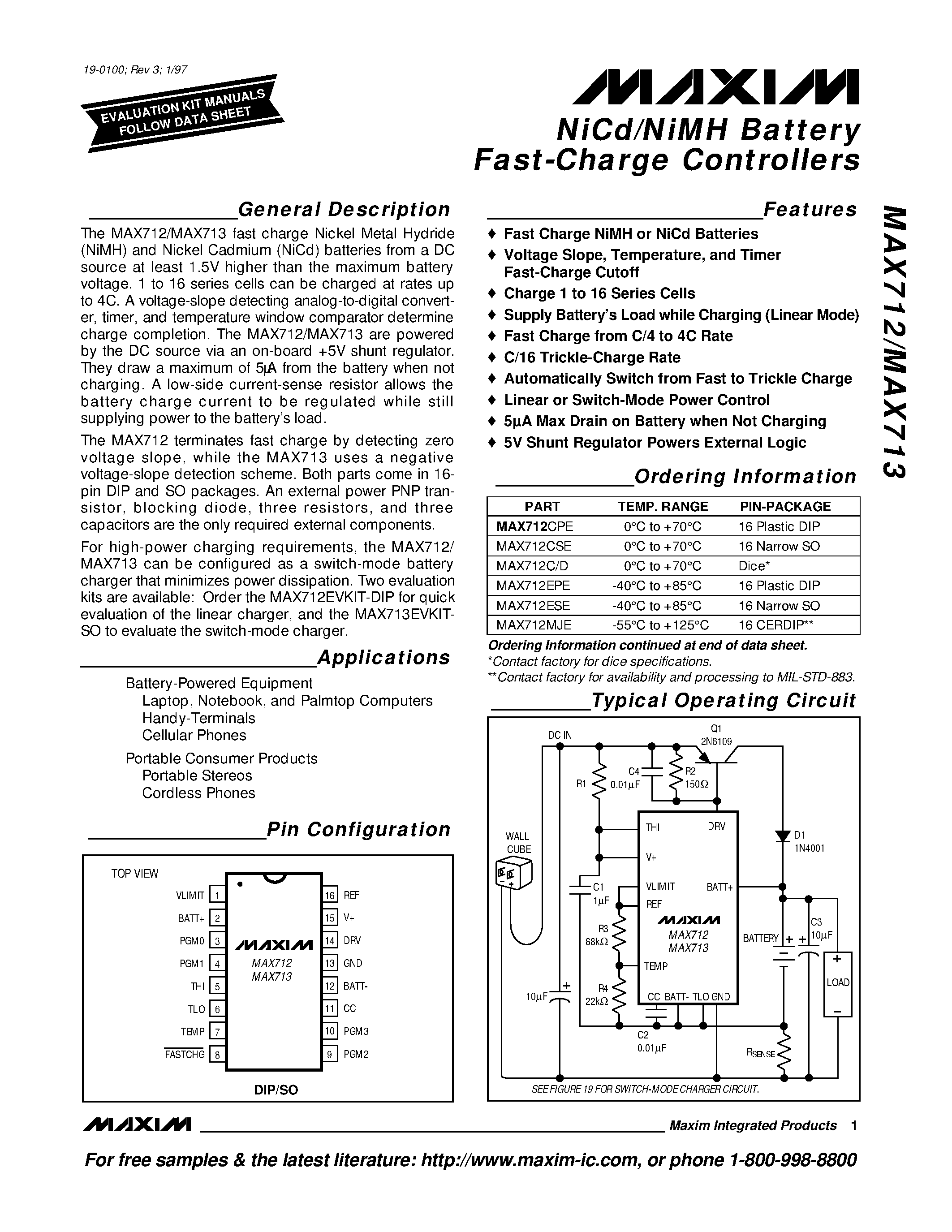 Datasheet MAX712 - NiCd/NiMH Battery Fast-Charge Controllers page 1