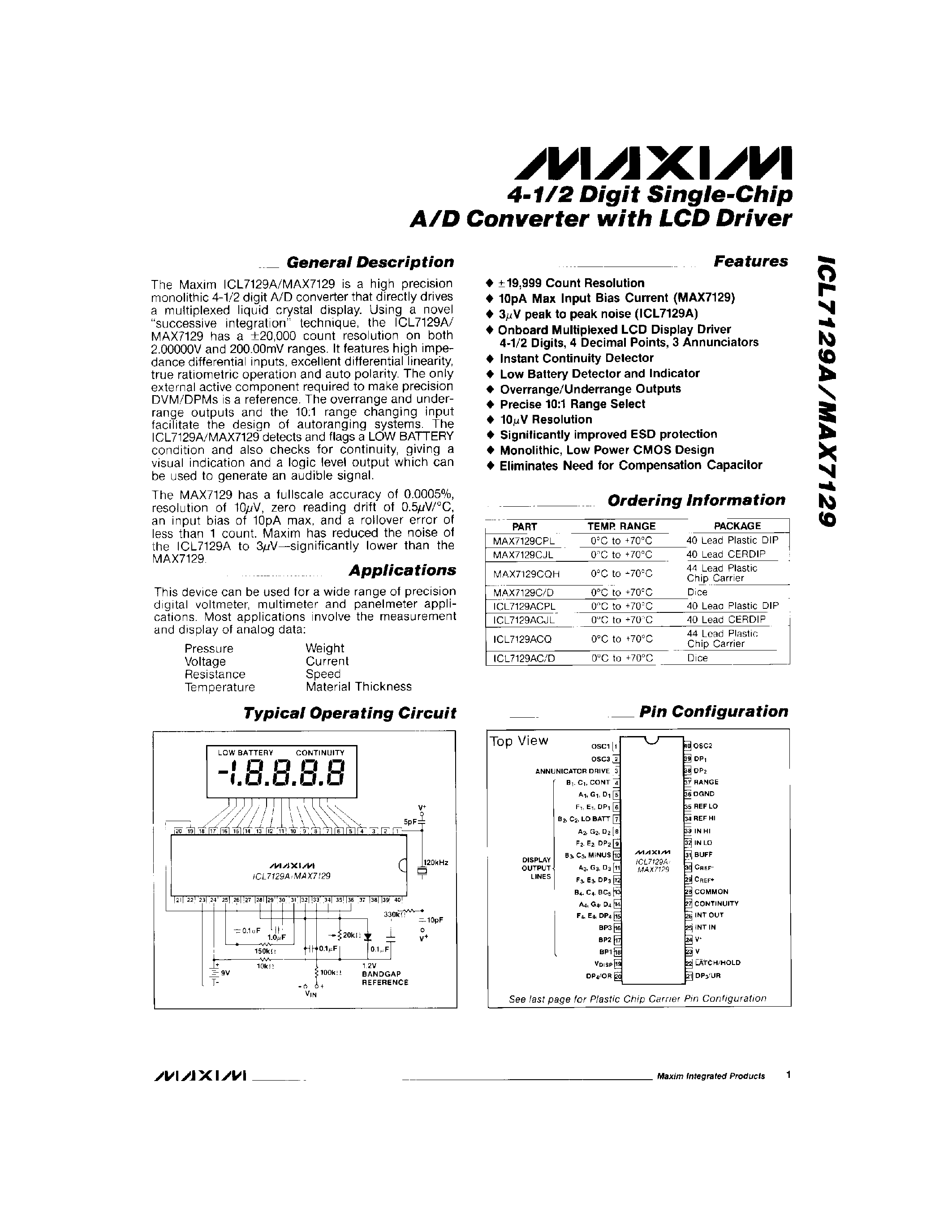 Datasheet MAX7129CJL - 4-1/2 Digit Single-Chip A/D Converter with LCD Driver page 1