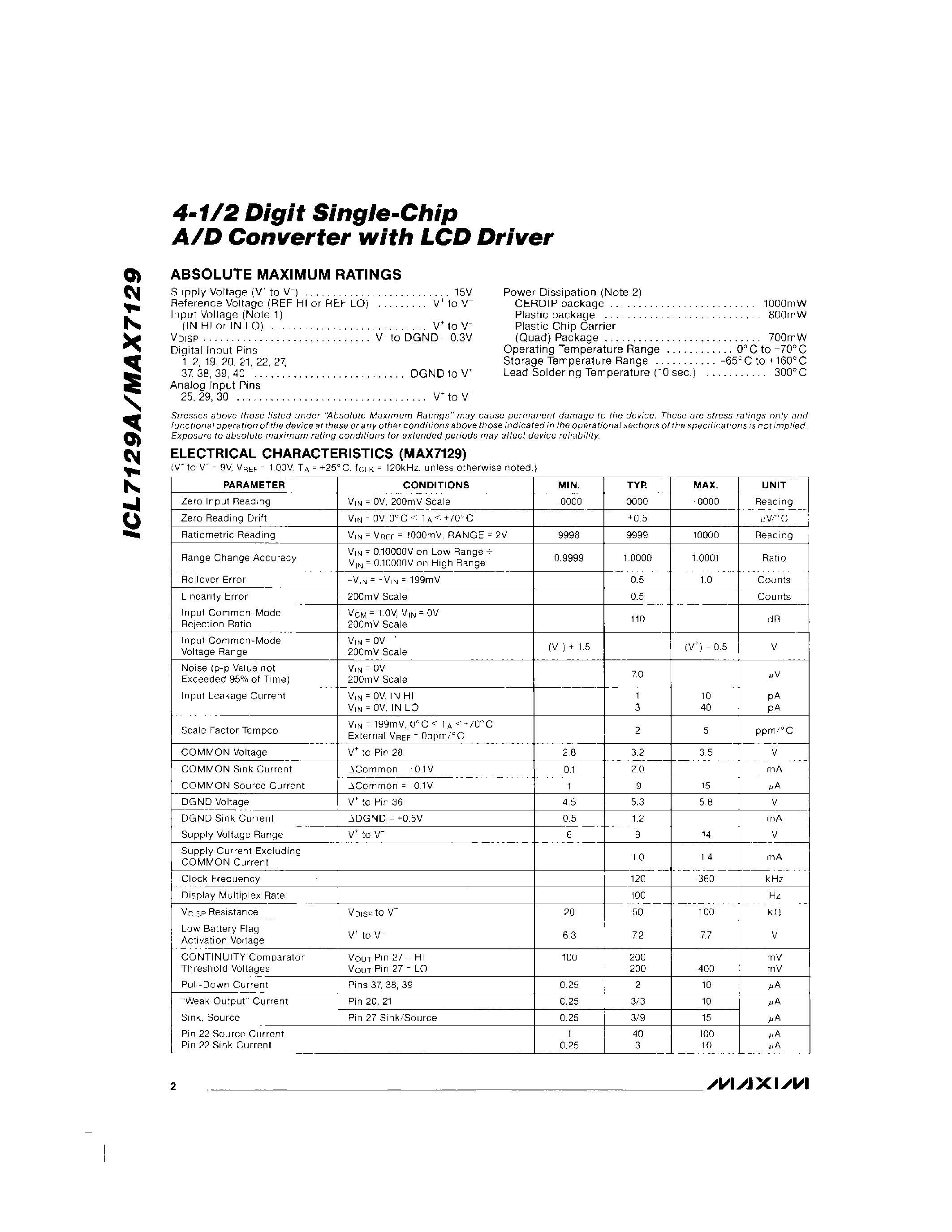 Datasheet MAX7129CPL - 4-1/2 Digit Single-Chip A/D Converter with LCD Driver page 2
