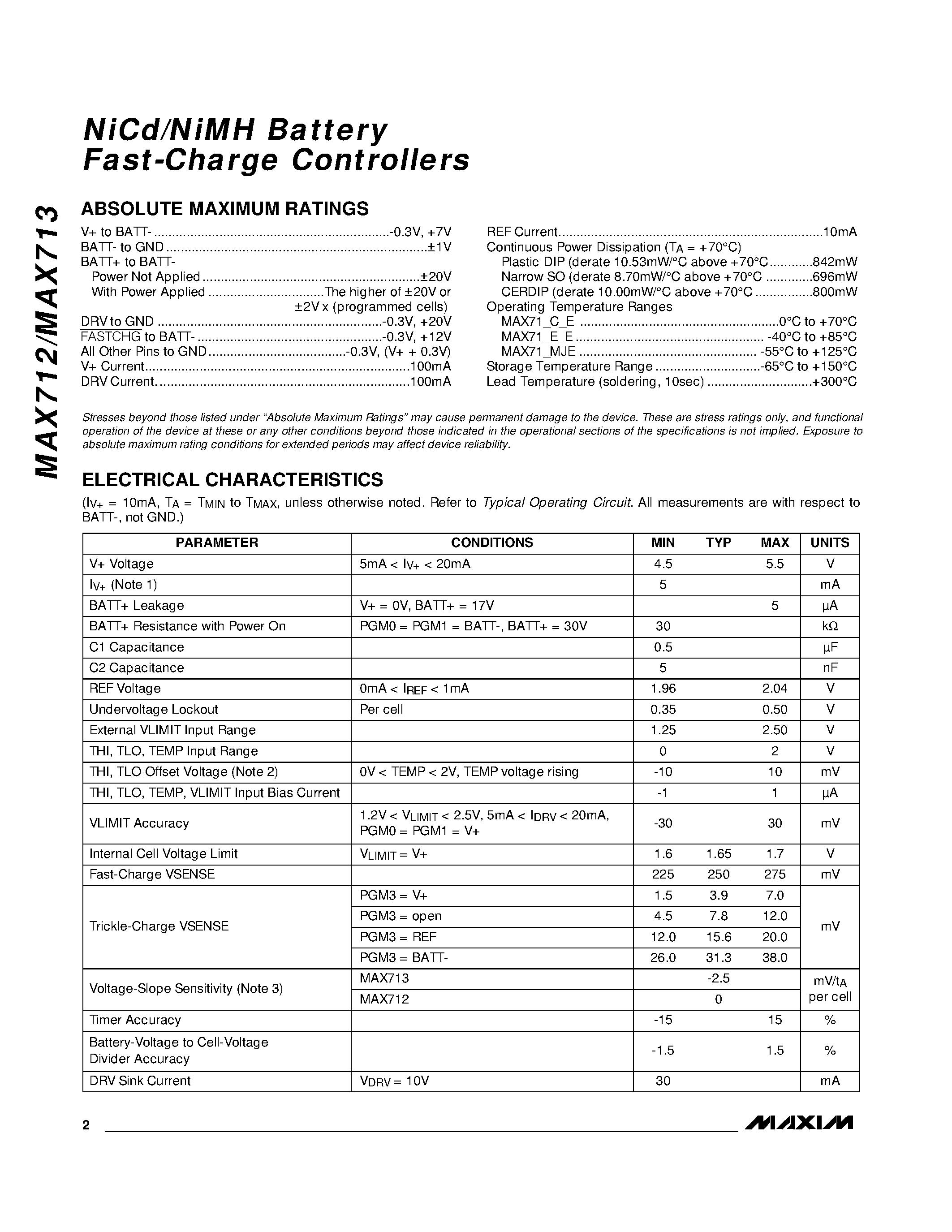 Datasheet MAX713ESE - NiCd/NiMH Battery Fast-Charge Controllers page 2