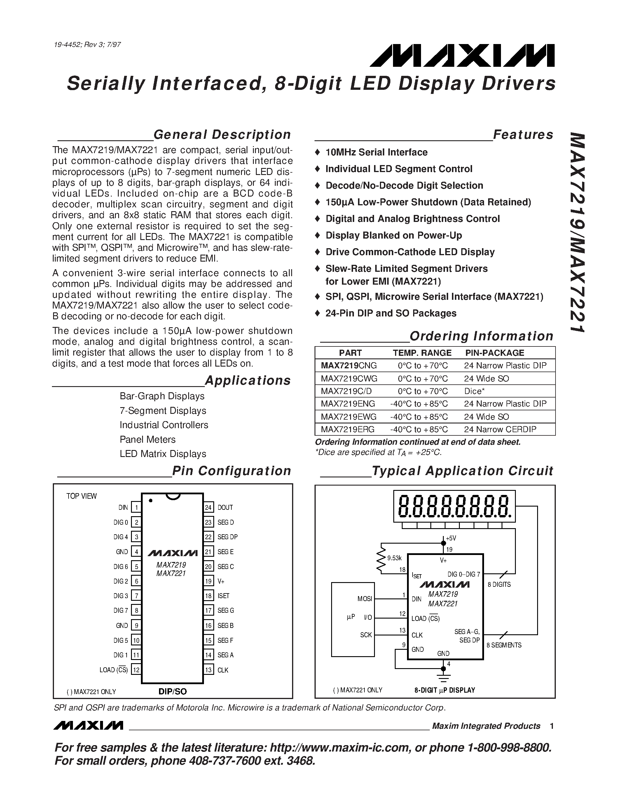 Datasheet MAX7221C/D page 1 Datasheet MAX7221C/D - Serially Interfaced / 8-Digit LED Display Drivers page 1