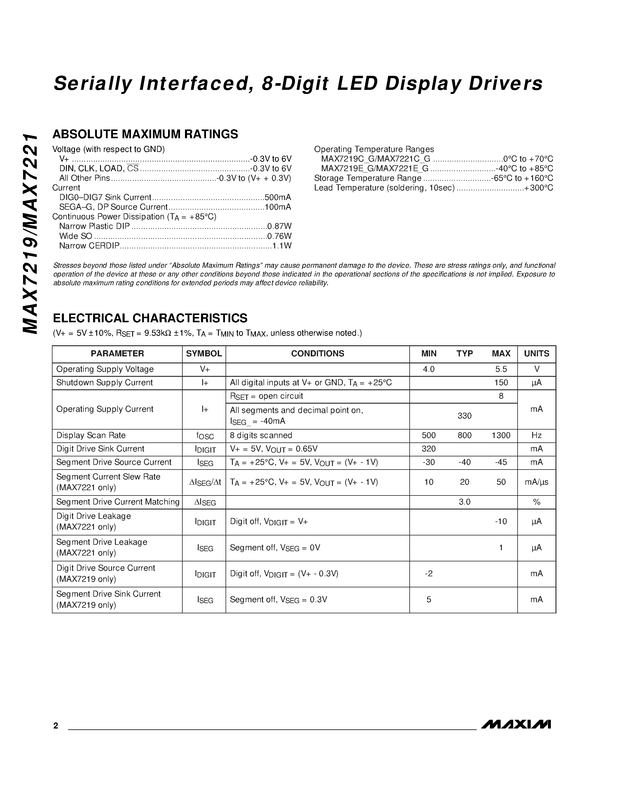 Datasheet MAX7221C/D page 2 Datasheet MAX7221C/D - Serially Interfaced / 8-Digit LED Display Drivers page 2