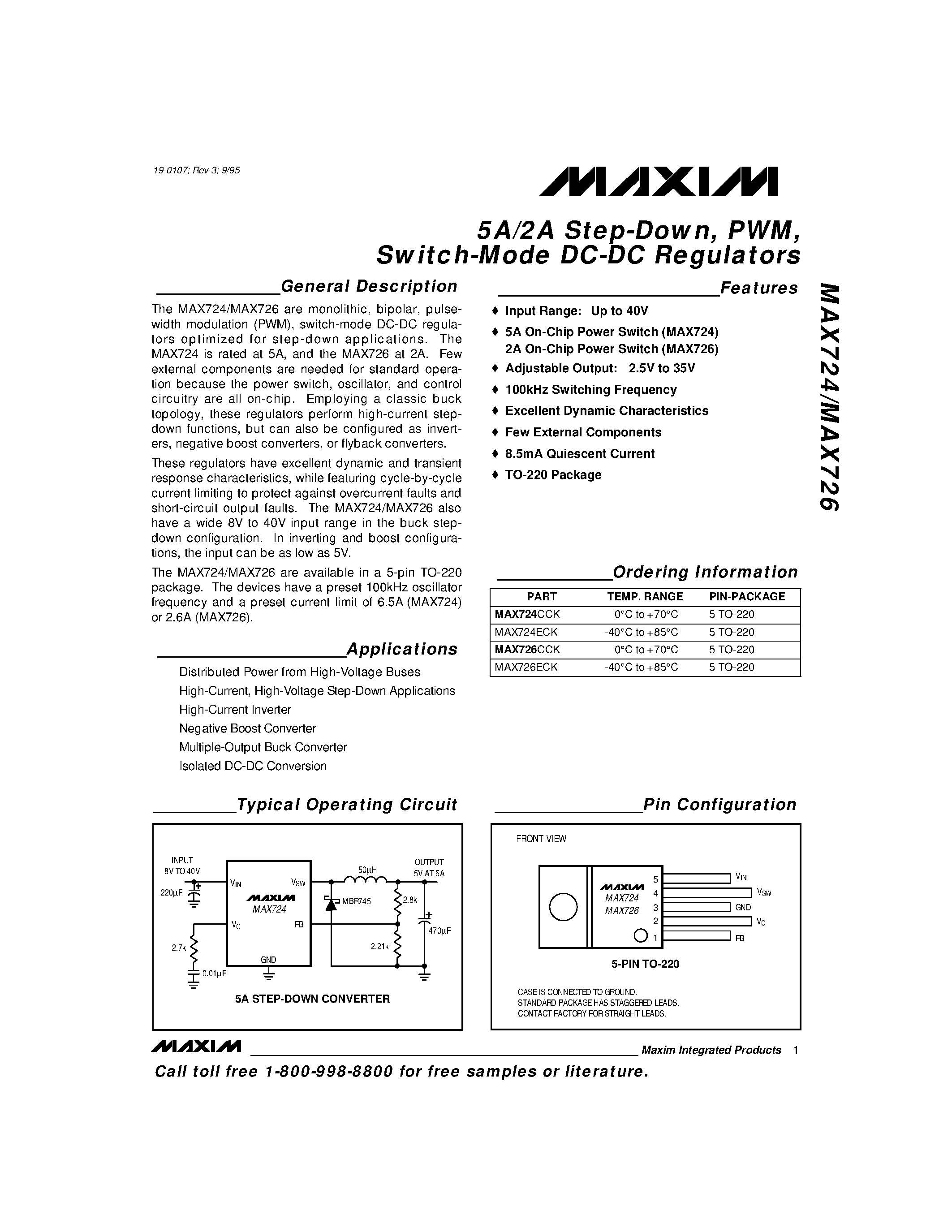 Datasheet MAX724CCK - 5A/2A Step-Down / PWM / Switch-Mode DC-DC Regulators page 1