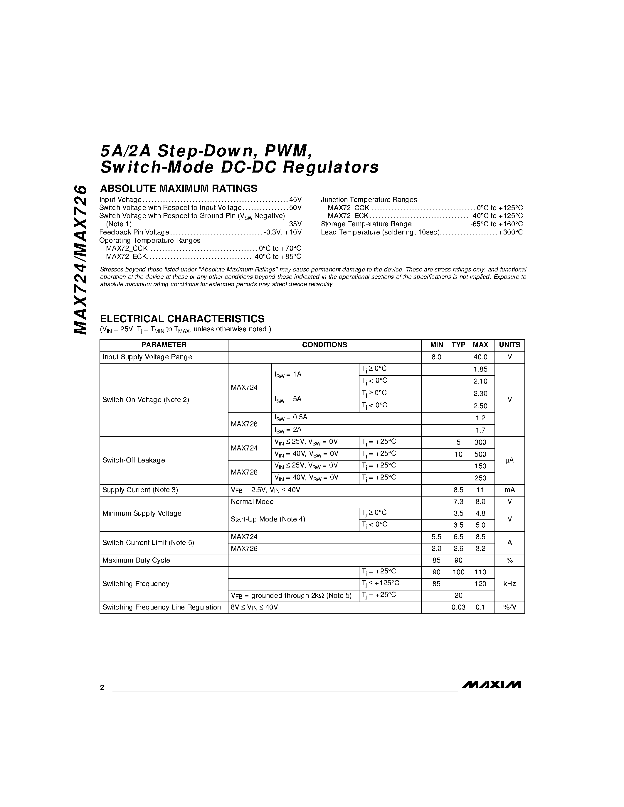 Datasheet MAX726ECK - 5A/2A Step-Down / PWM / Switch-Mode DC-DC Regulators page 2