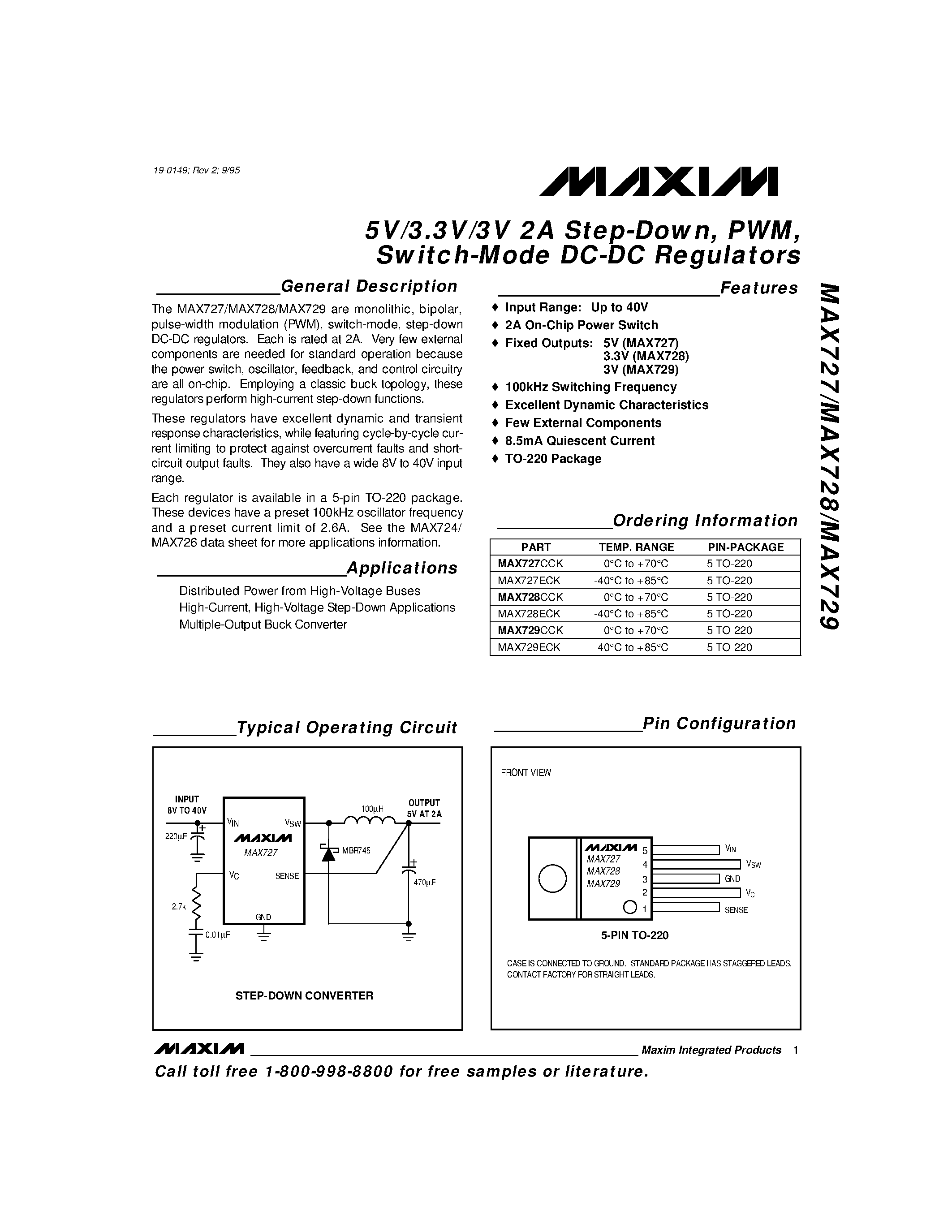 Datasheet MAX729CCK - 5V/3.3V/3V 2A Step-Down / PWM / Switch-Mode DC-DC Regulators page 1