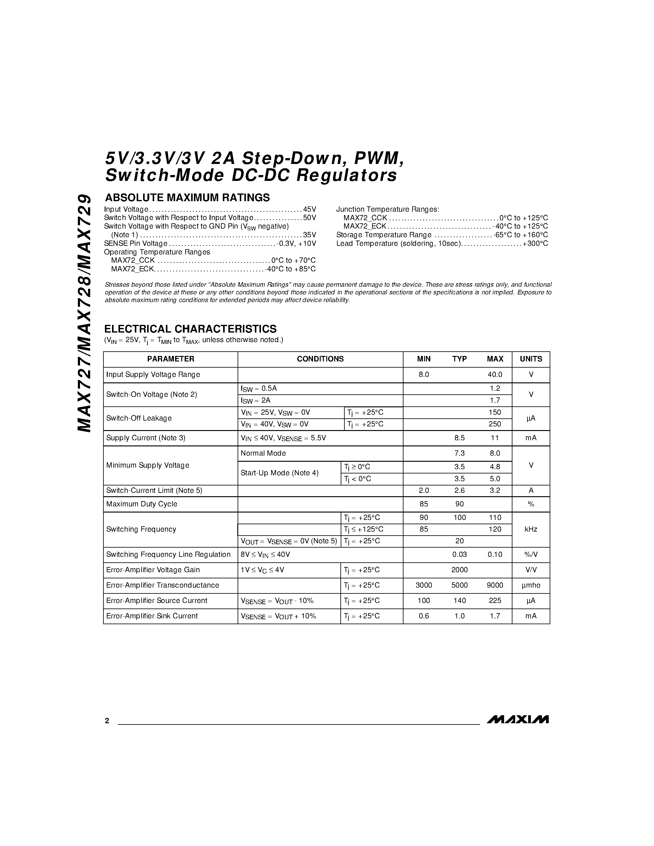Datasheet MAX729CCK - 5V/3.3V/3V 2A Step-Down / PWM / Switch-Mode DC-DC Regulators page 2