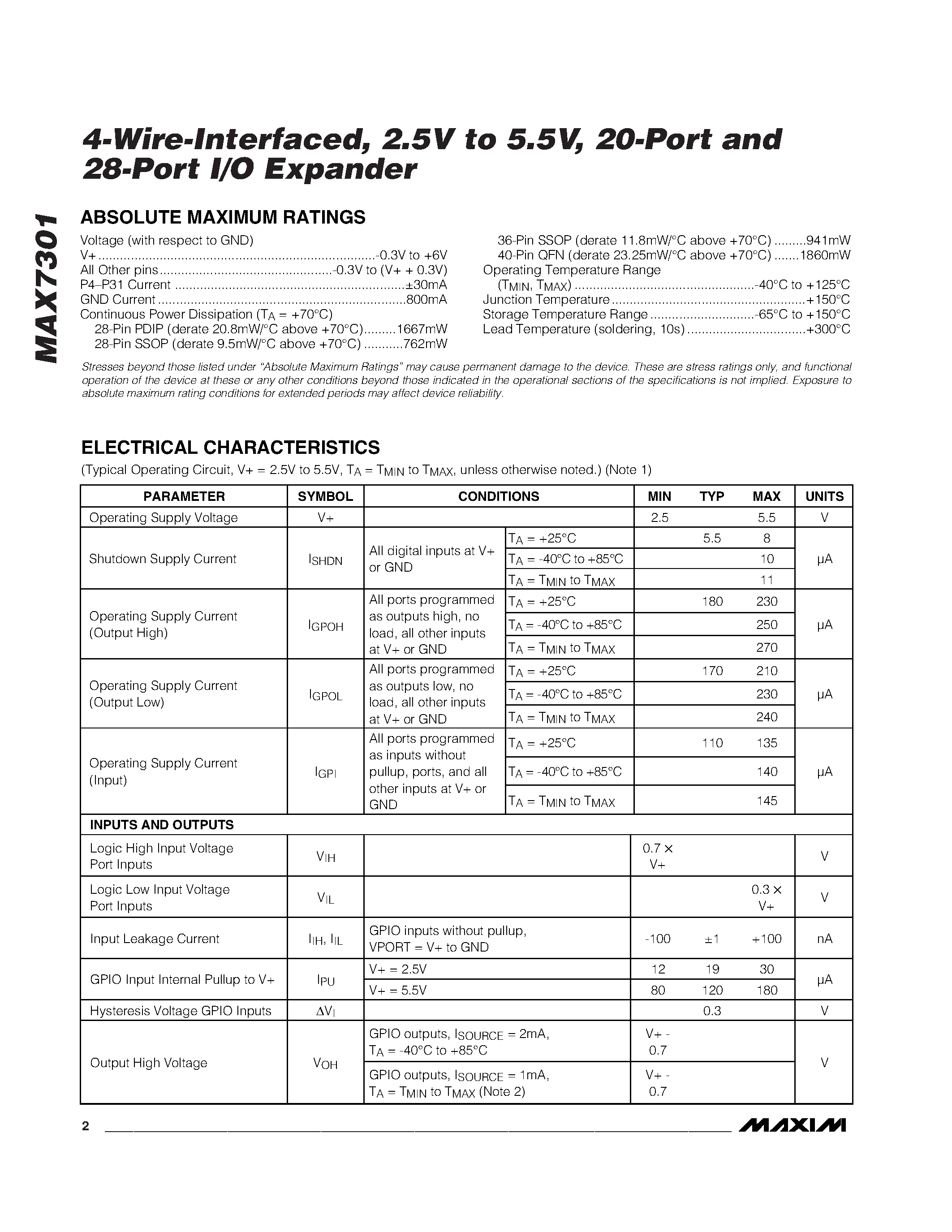 Datasheet MAX7301 page 2 Datasheet MAX7301 - 4-Wire-Interfaced / 2.5V to 5.5V / 20-Port and 28-Port I/O Expander page 2
