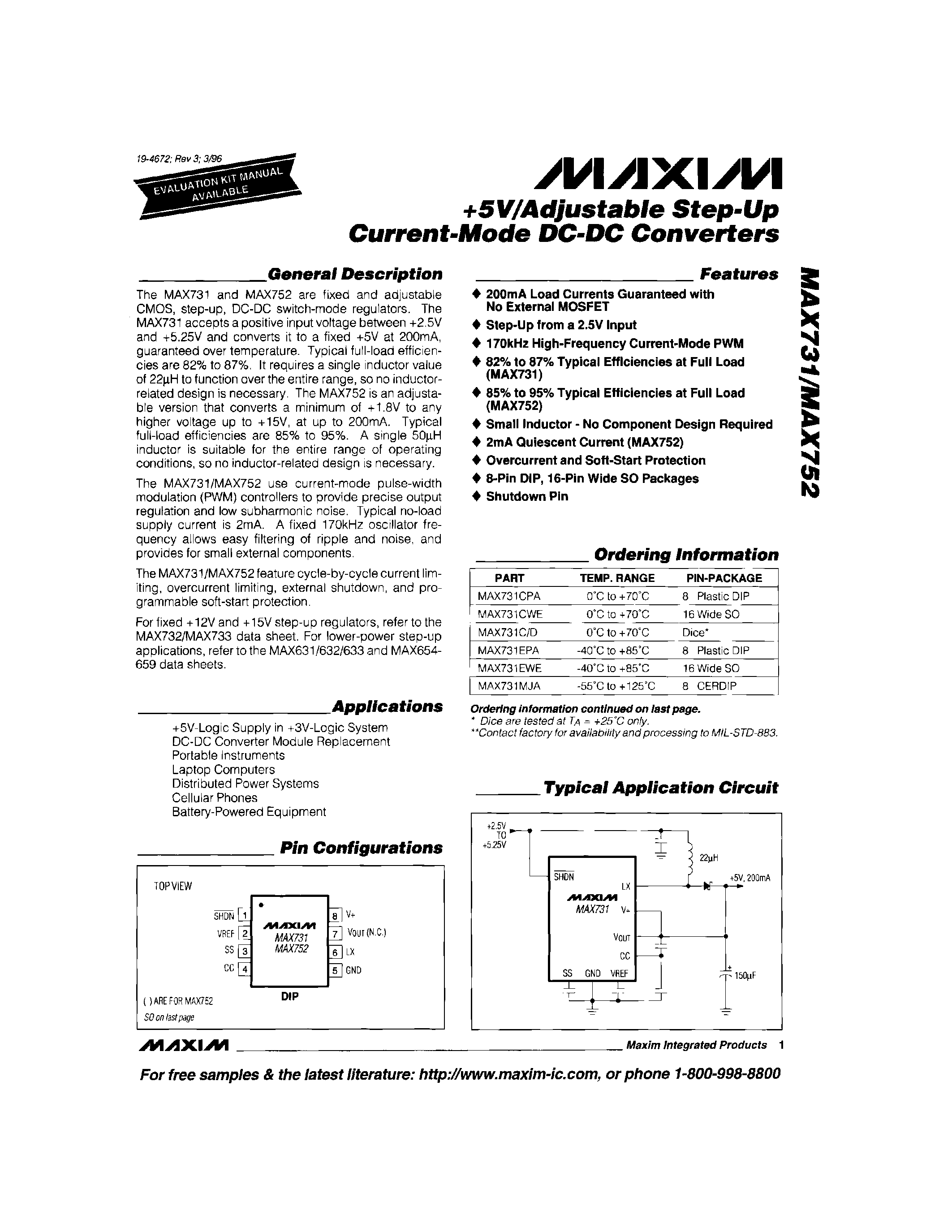 Datasheet MAX731 - +5V/Adjustable Step-Up Current-Mode DC-DC Converters page 1