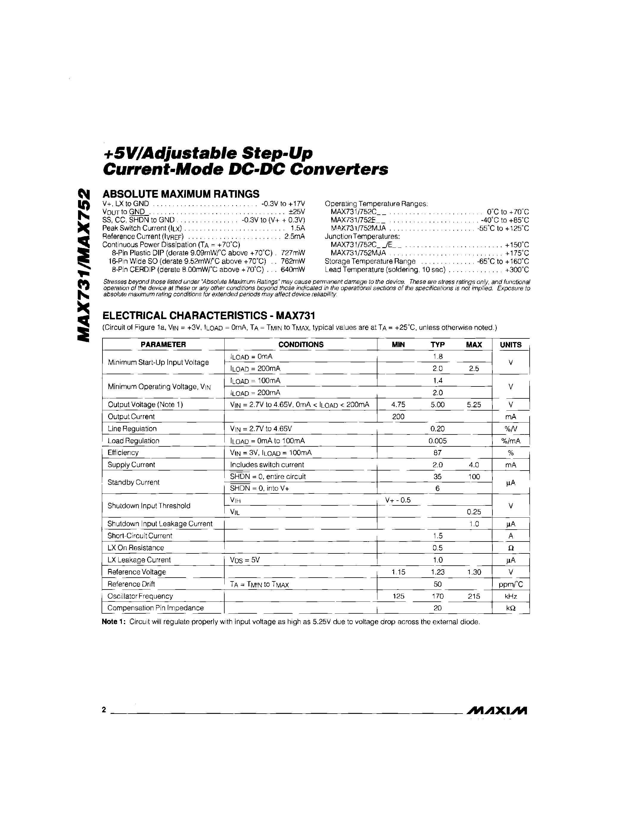 Datasheet MAX731 - +5V/Adjustable Step-Up Current-Mode DC-DC Converters page 2