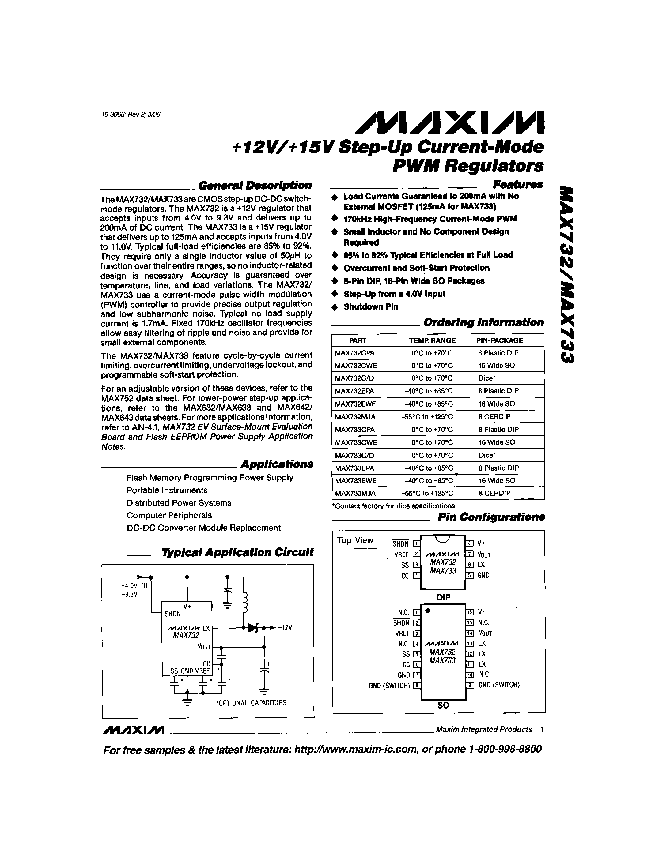 Datasheet MAX733 - +12V/+15V Step-Up Current-Mode Pwm Regulators page 1