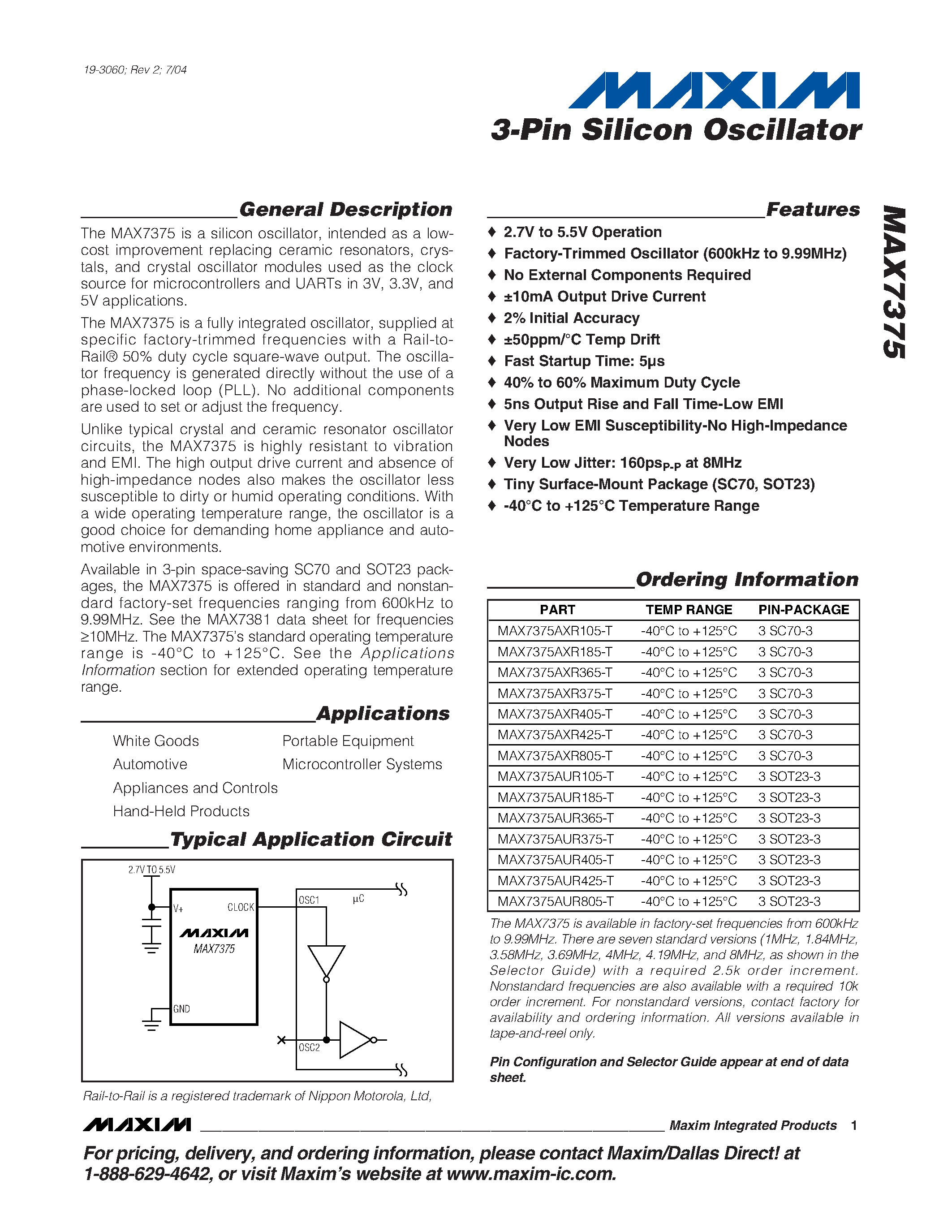 Datasheet MAX7375 - 3-Pin Silicon Oscillator page 1