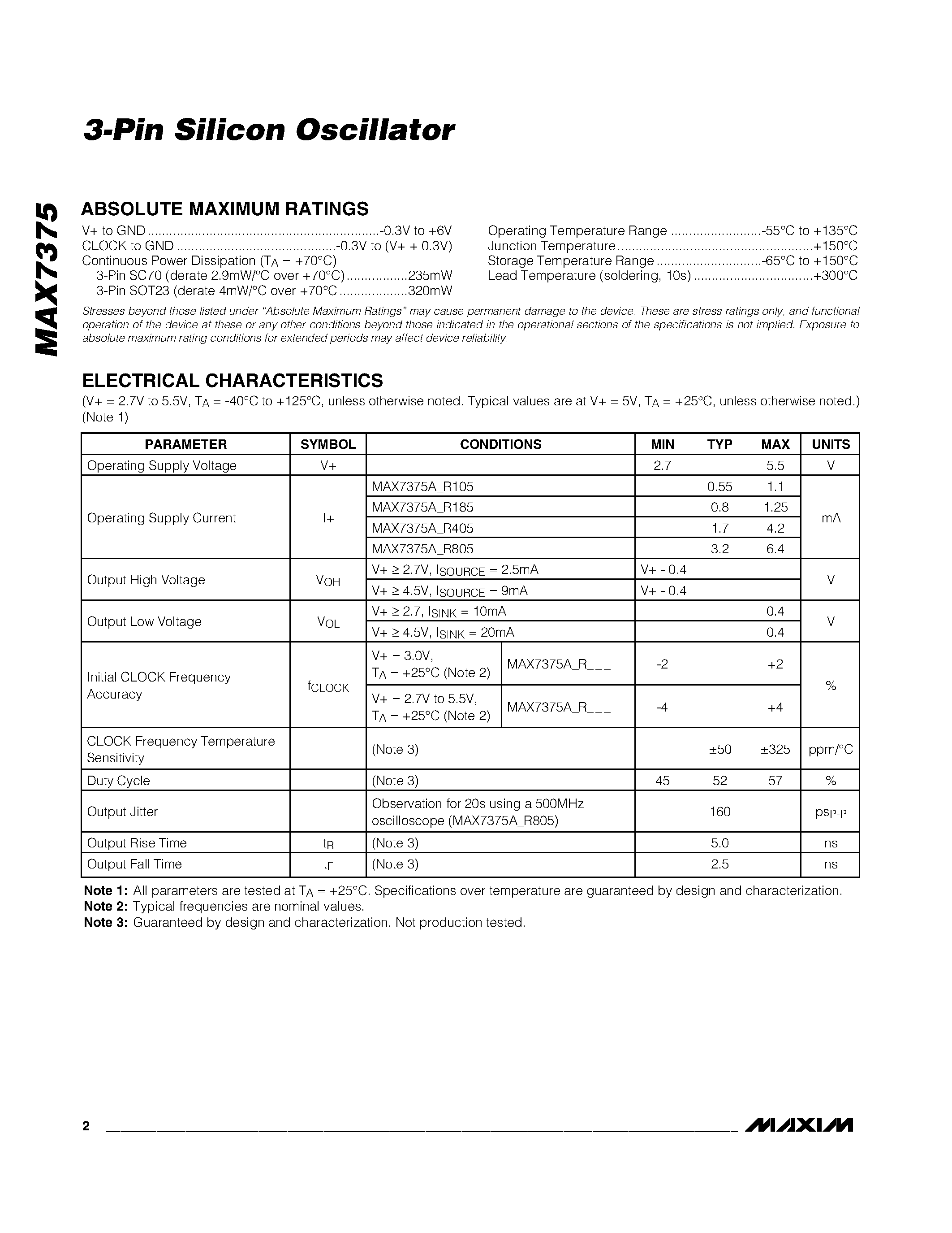 Datasheet MAX7375 - 3-Pin Silicon Oscillator page 2