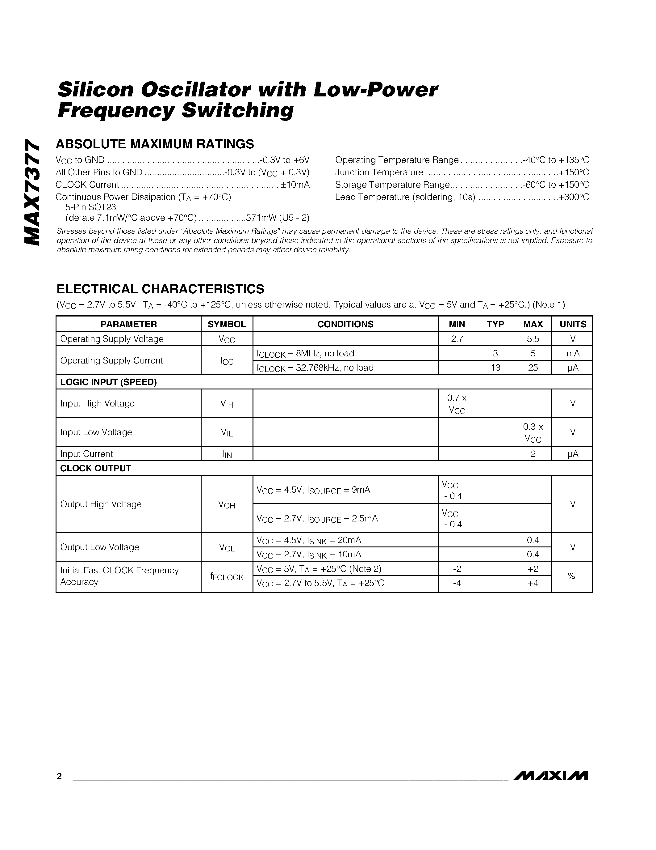 Datasheet MAX7377 page 2 Datasheet MAX7377 - Silicon Oscillator with Low-Power Frequency Switching page 2