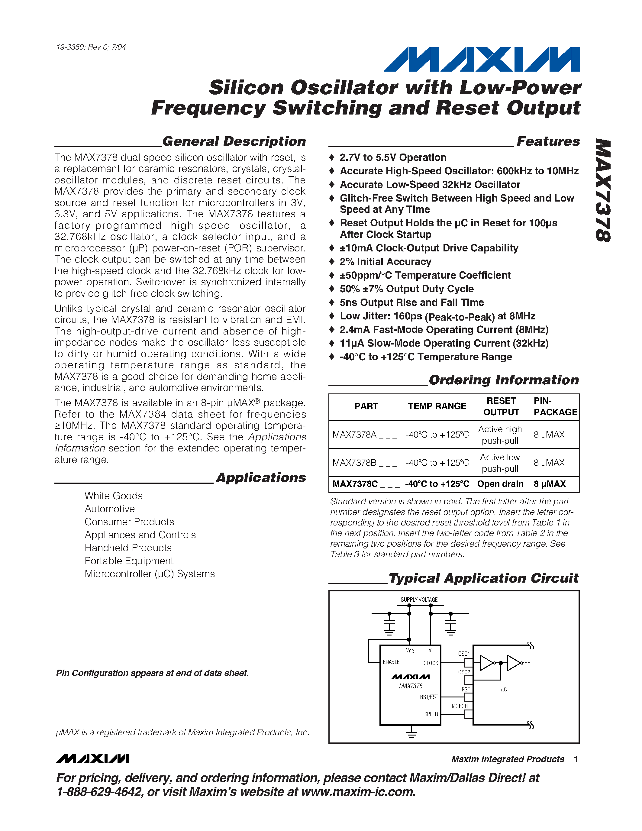 Datasheet MAX7378 page 1 Datasheet MAX7378 - Silicon Oscillator with Low-Power Frequency Switching and Reset Output page 1