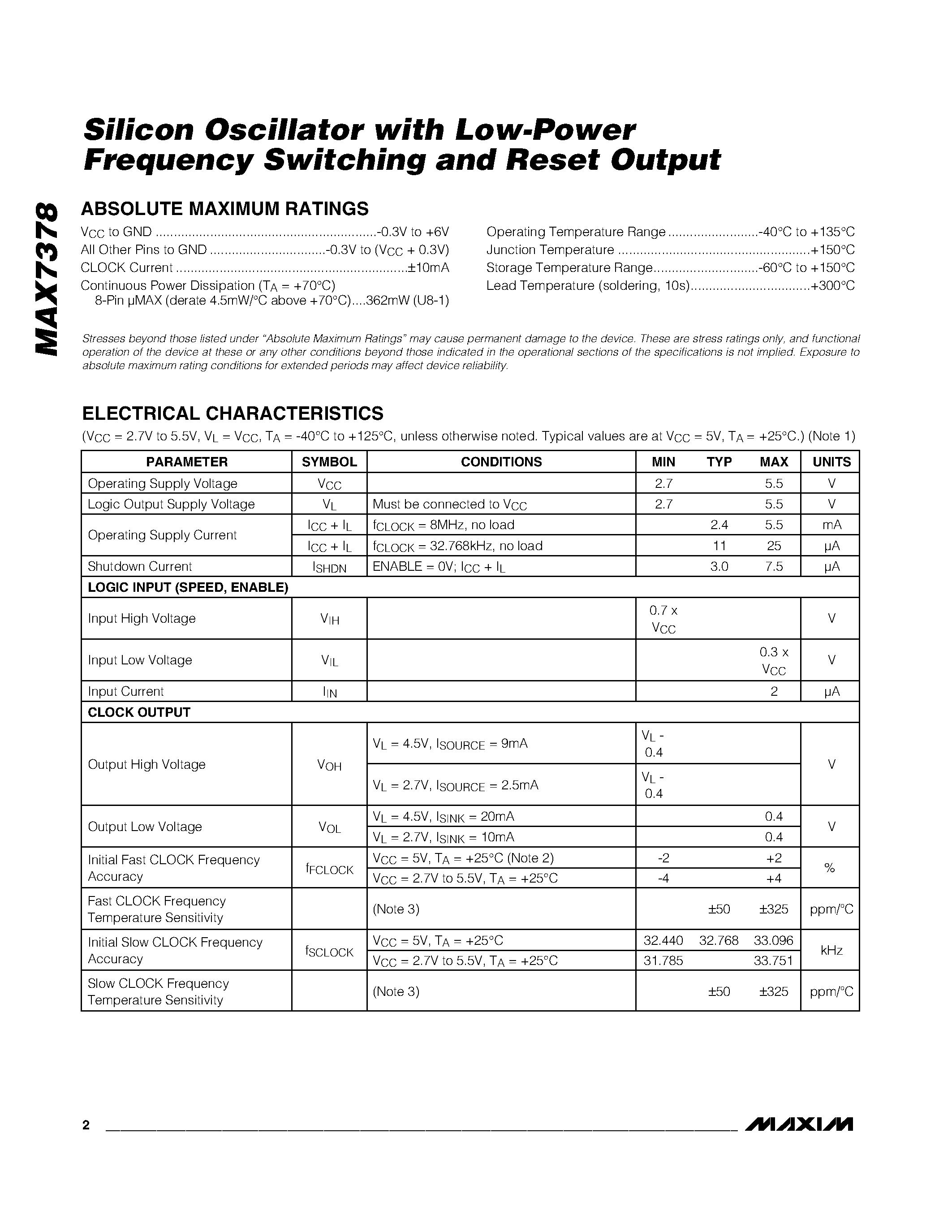 Datasheet MAX7378 page 2 Datasheet MAX7378 - Silicon Oscillator with Low-Power Frequency Switching and Reset Output page 2
