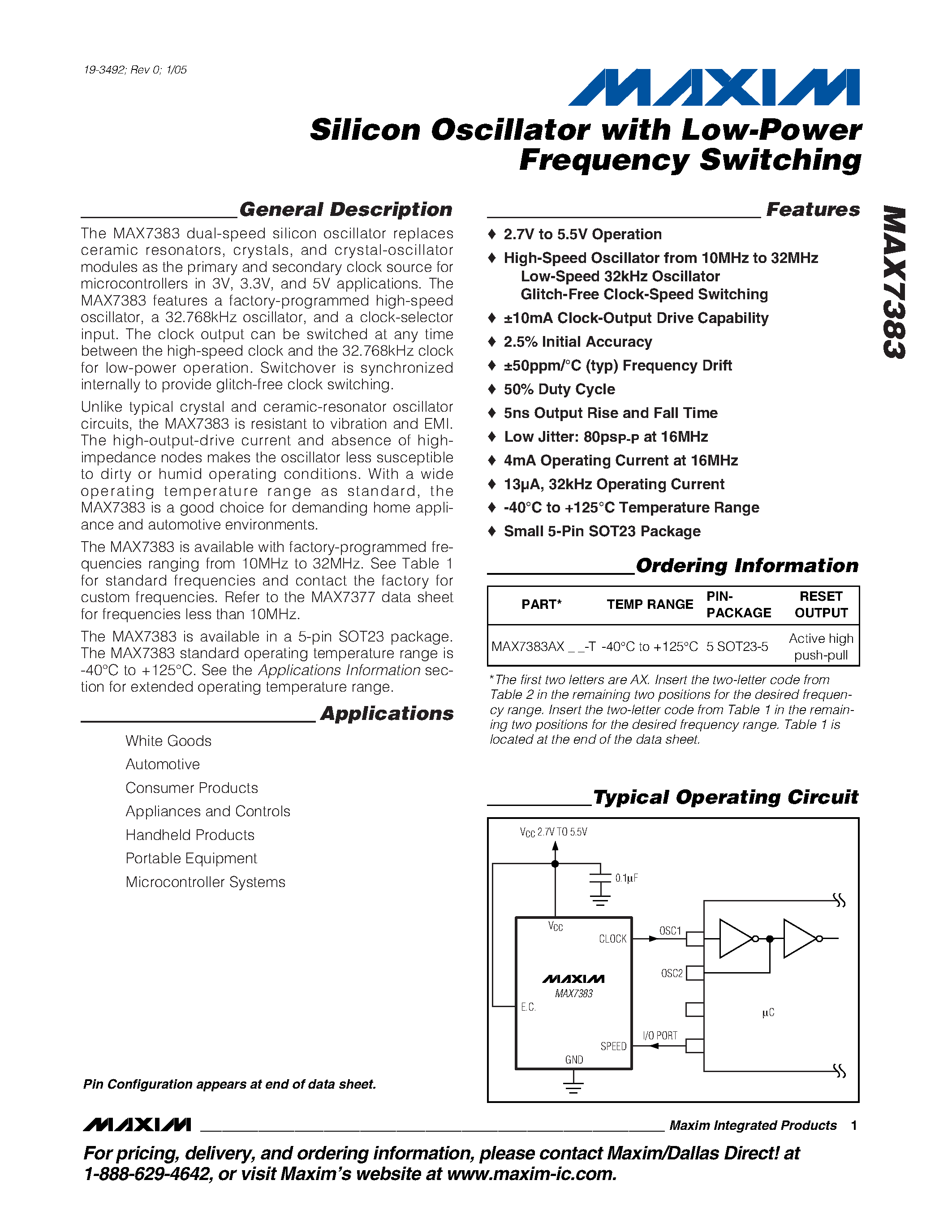 Datasheet MAX7383 page 1 Datasheet MAX7383 - Silicon Oscillator with Low-Power Frequency Switching page 1