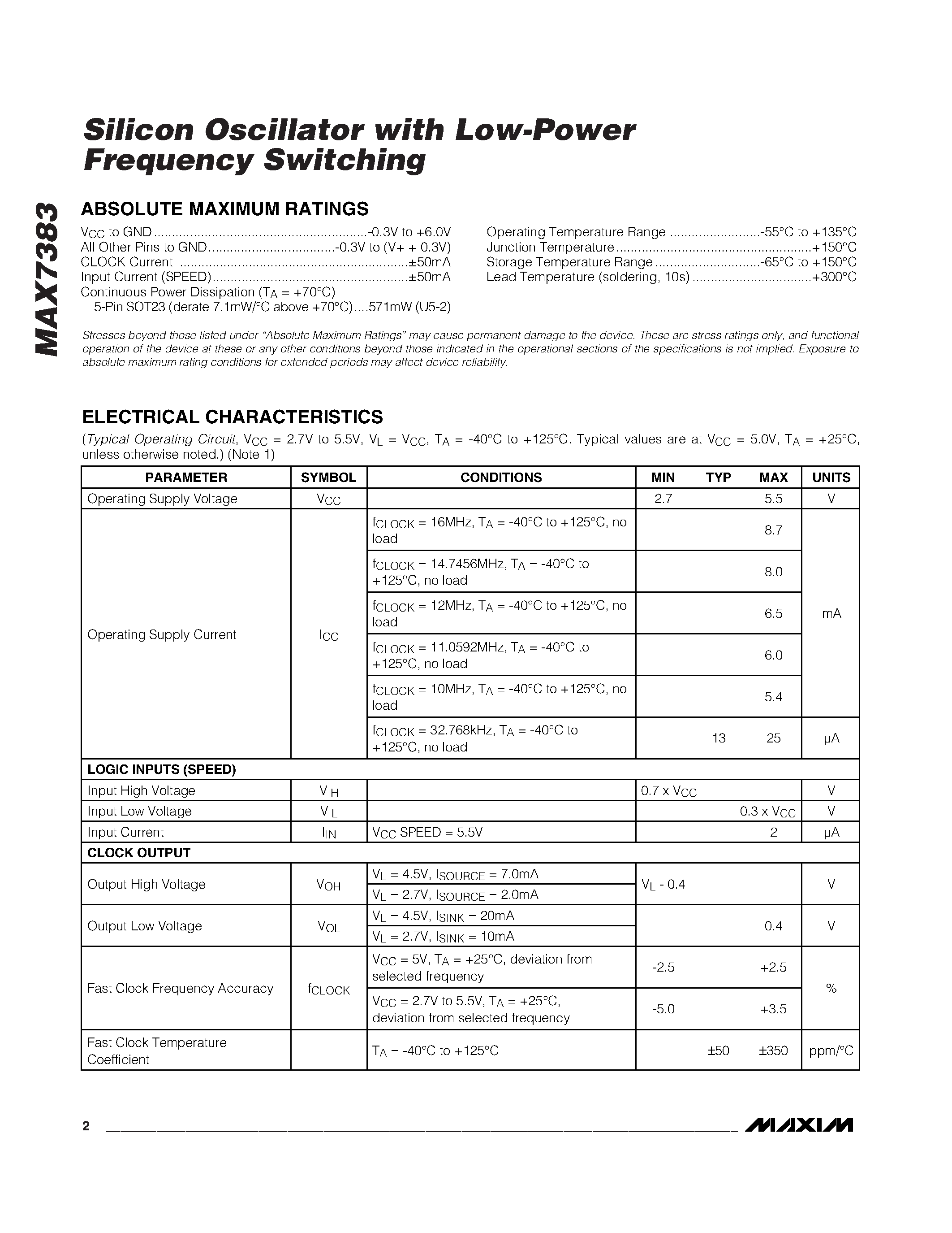 Datasheet MAX7383 page 2 Datasheet MAX7383 - Silicon Oscillator with Low-Power Frequency Switching page 2