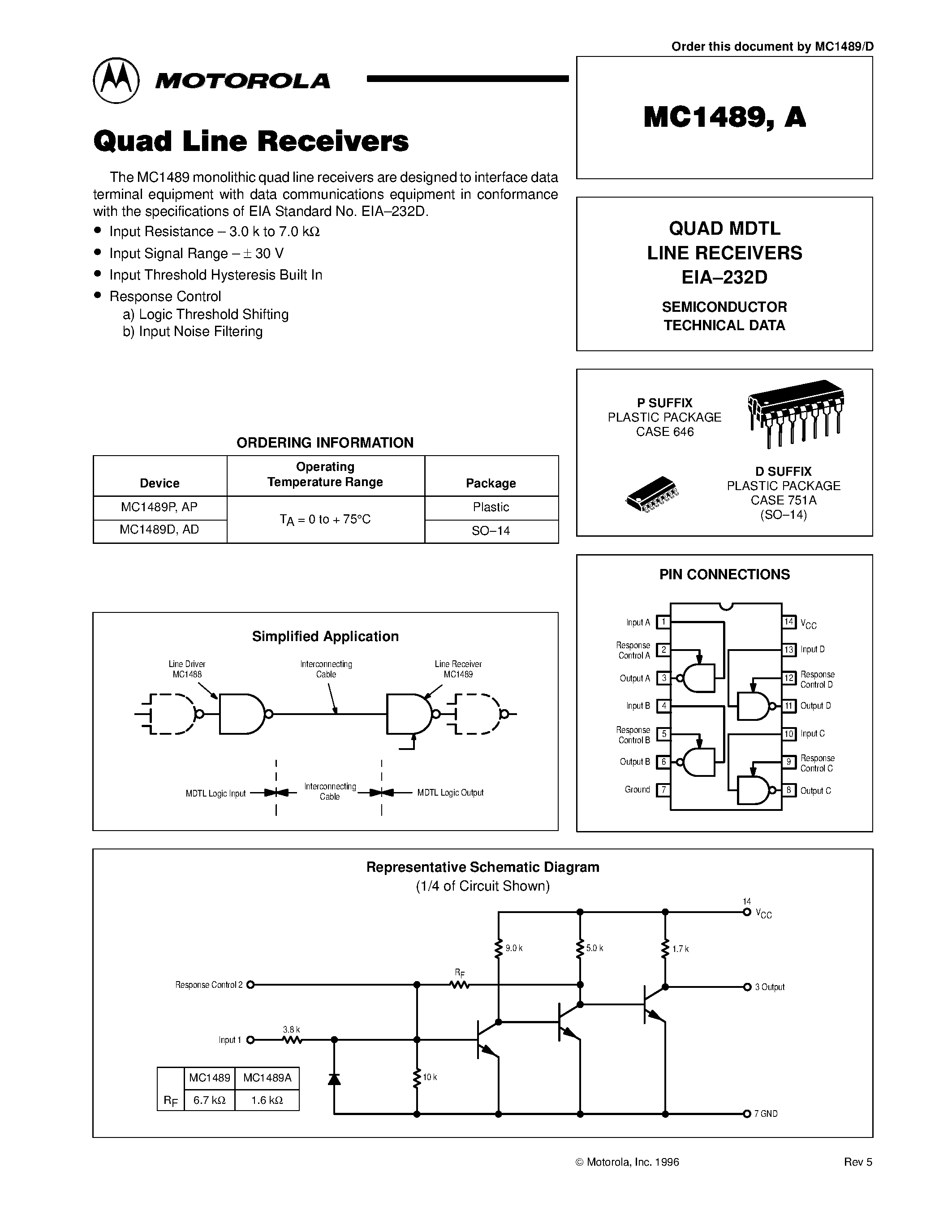 Даташит на микросхему MC1489 страница 1 Даташит MC1489 - QUADRUPLE LINE RECEIVERS страница 1