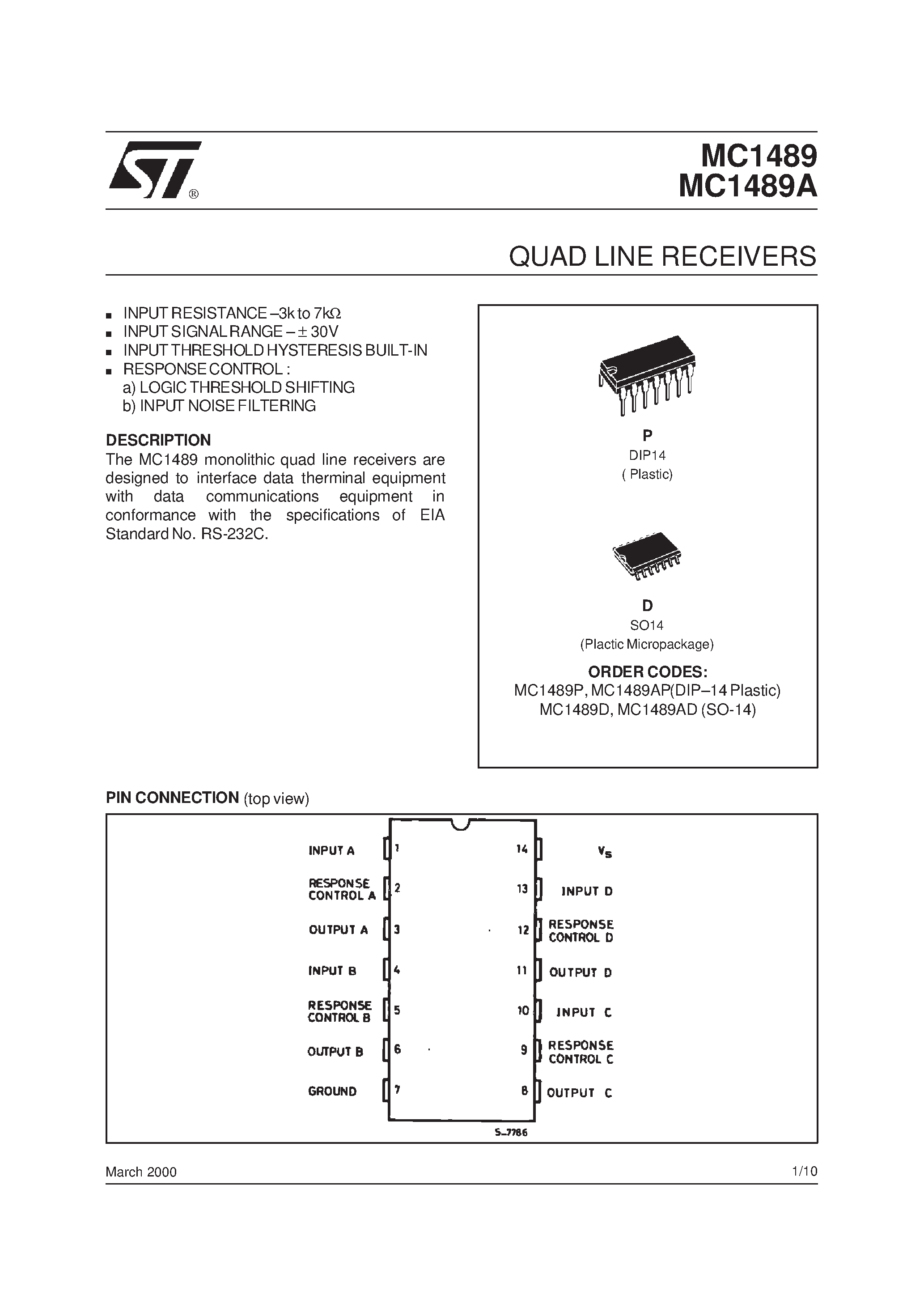 Даташит на микросхему MC1489 страница 1 Даташит MC1489 - QUADRUPLE LINE RECEIVERS страница 1