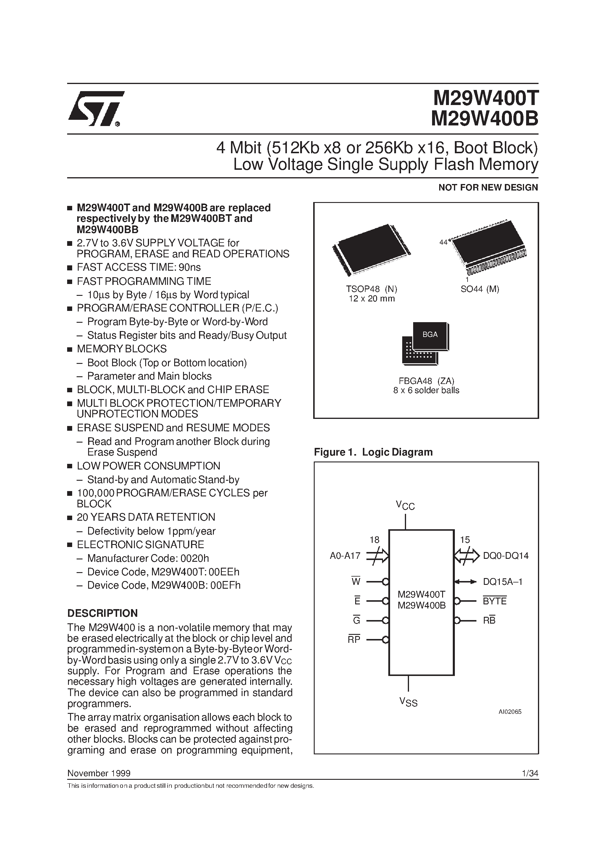 Datasheet M29W400T-90ZA6TR - 4 Mbit 512Kb x8 or 256Kb x16 / Boot Block Low Voltage Single Supply Flash Memory page 1