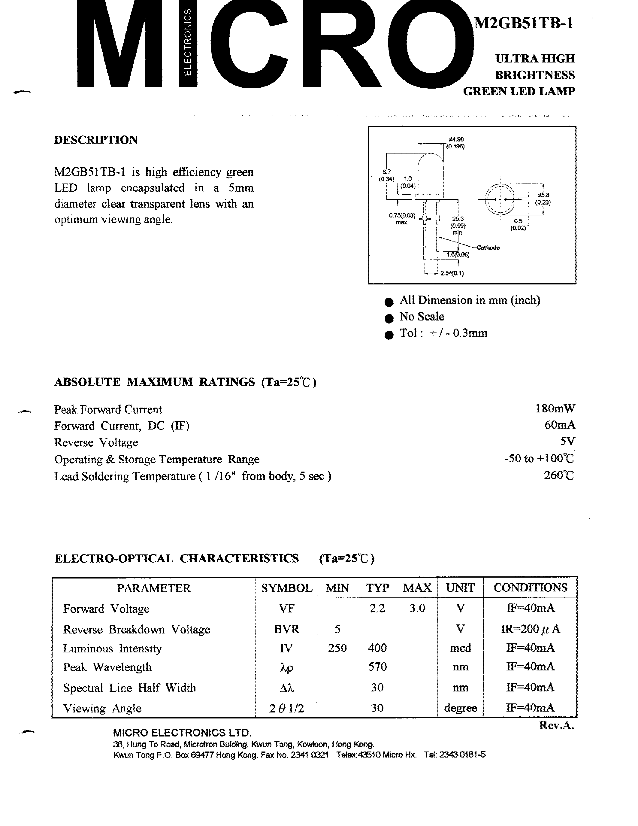 Datasheet M2GB51TB-1 - ULTRA HIGH BRIGHTNESS GREEN LED LAMP page 1