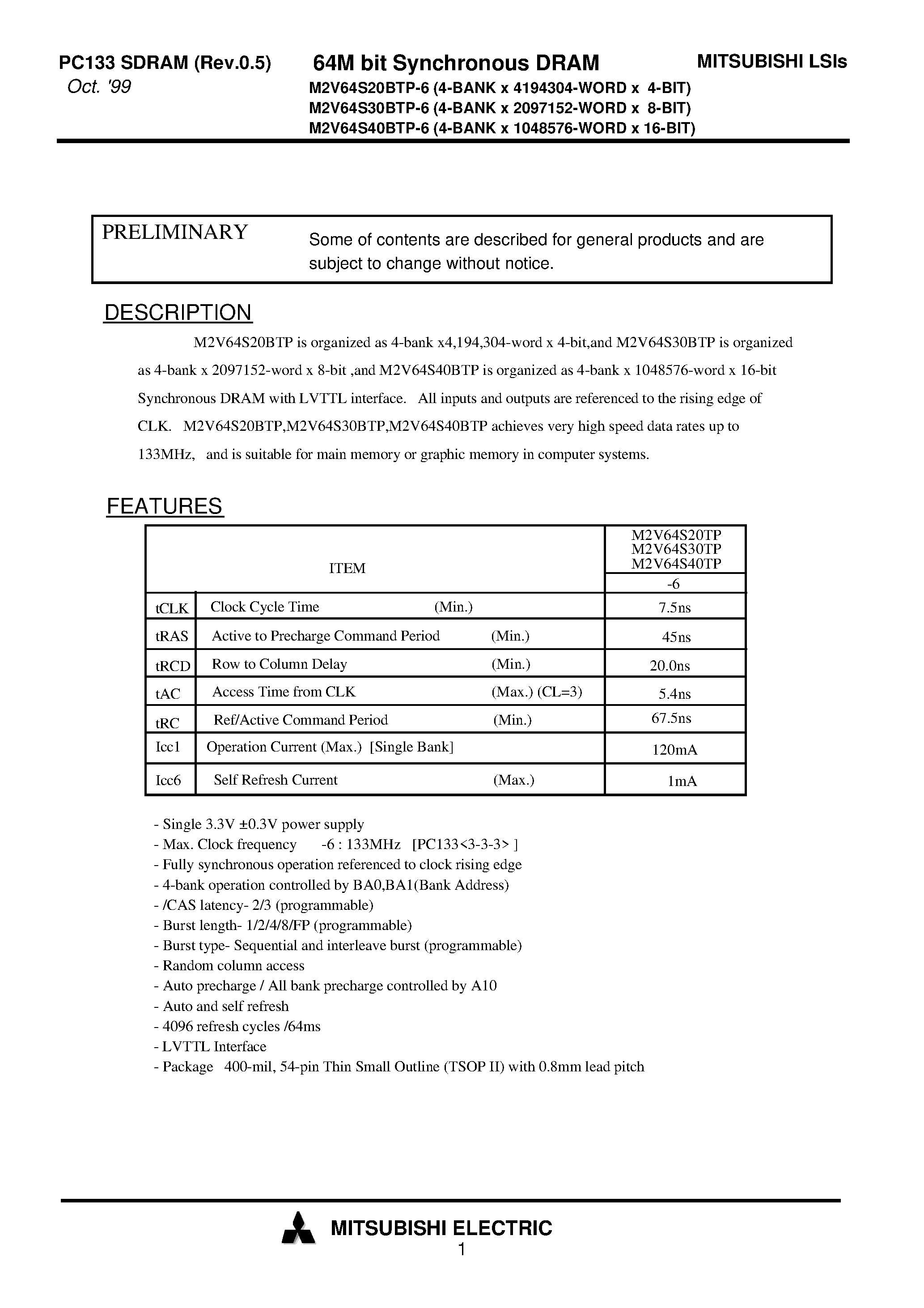 Datasheet M2V64S20BTP-6 - 64M bit Synchronous DRAM page 1