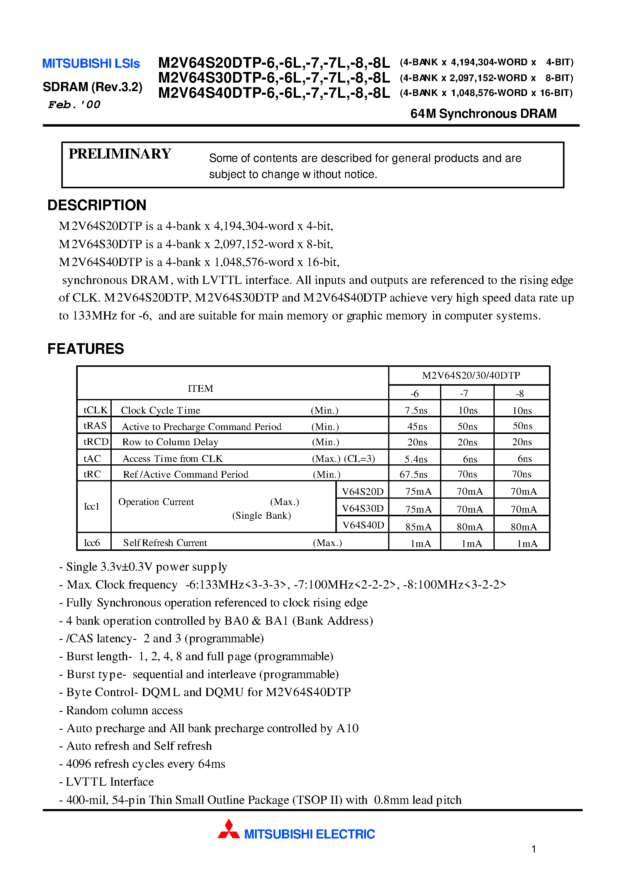 Datasheet M2V64S30DTP-7 - 64M Synchronous DRAM page 1