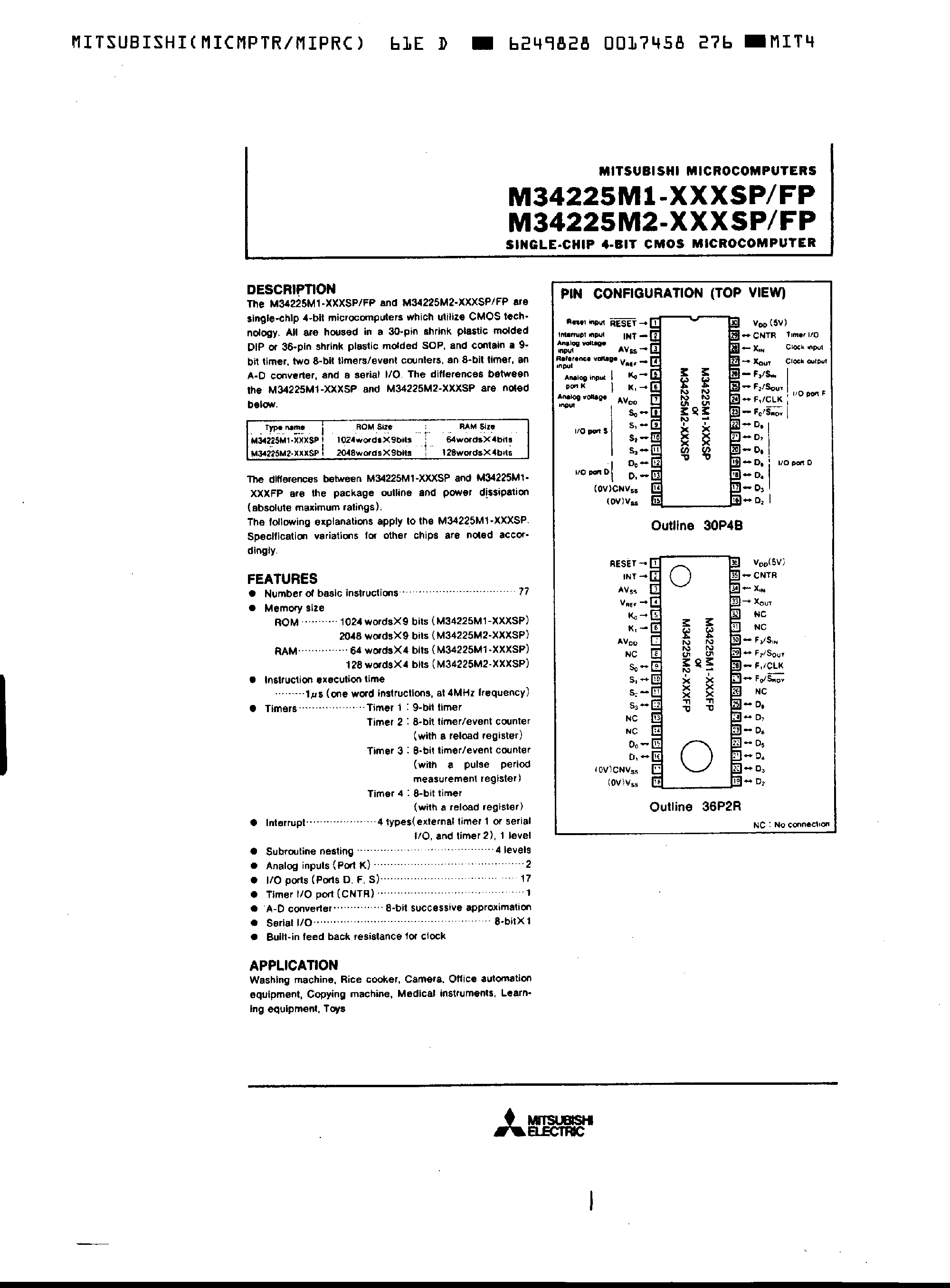 Datasheet M34225M2-XXXFP - SINGLE-CHIP 4-BIT CMOS MICRCOMPUTERl page 1